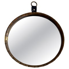 Brass Frame Round Wall Mirror  with Leather Hanger, 1960s, Germany