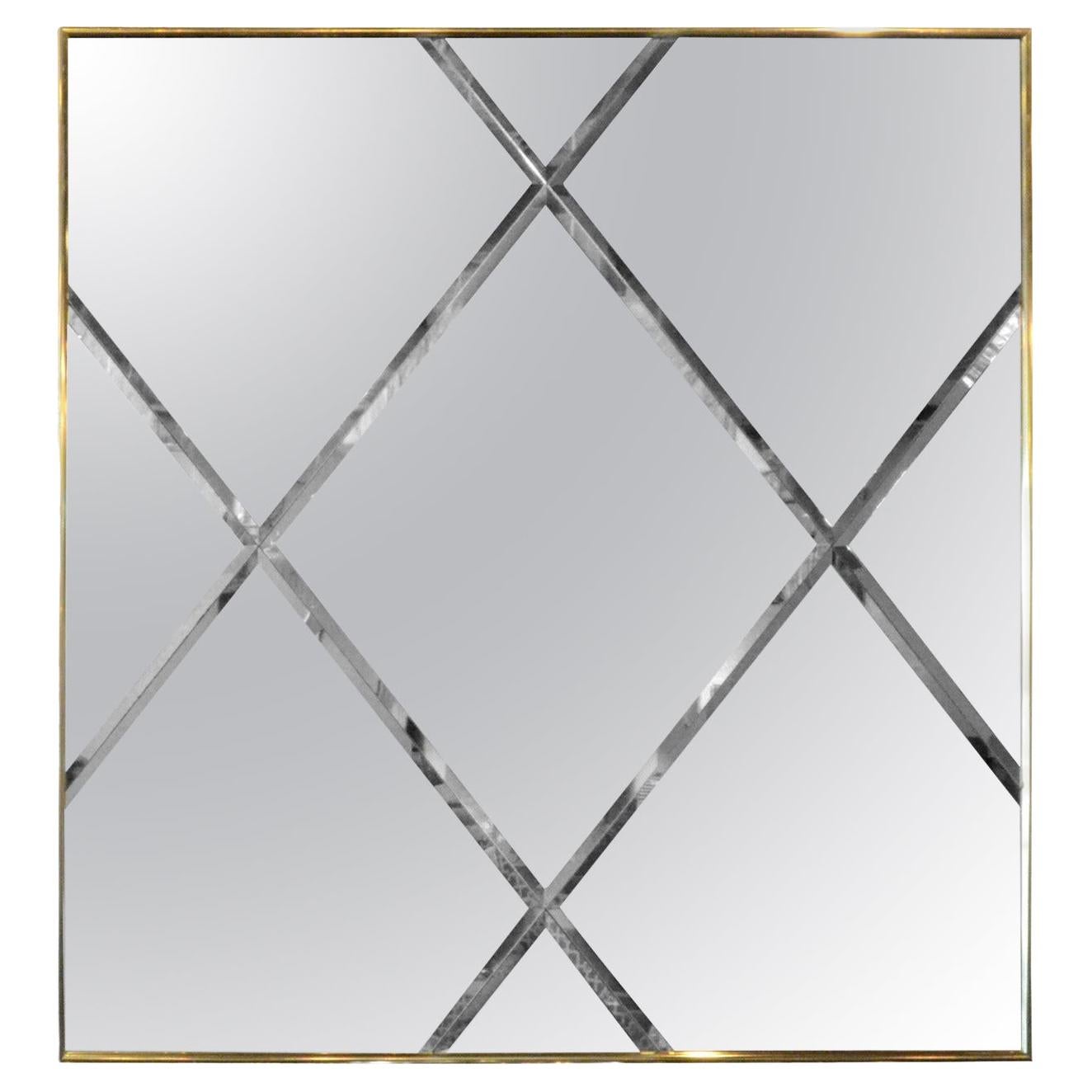 Brass Frame with a Harlequin Pattern Beveled Glass Wall Mirror