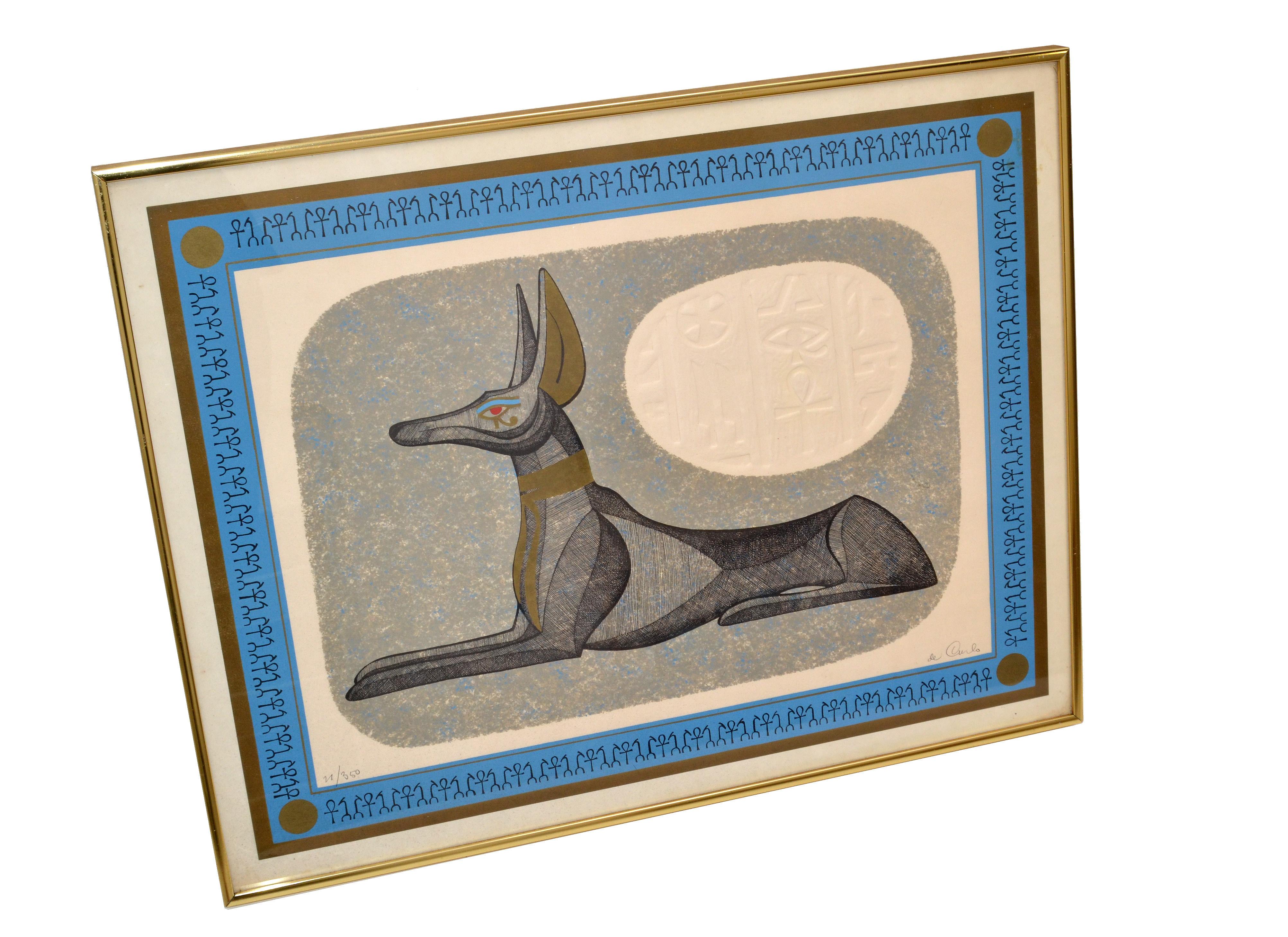 Brass Framed Antique Egyptian Relaxing Dog Lithography with Authentication 1977 9