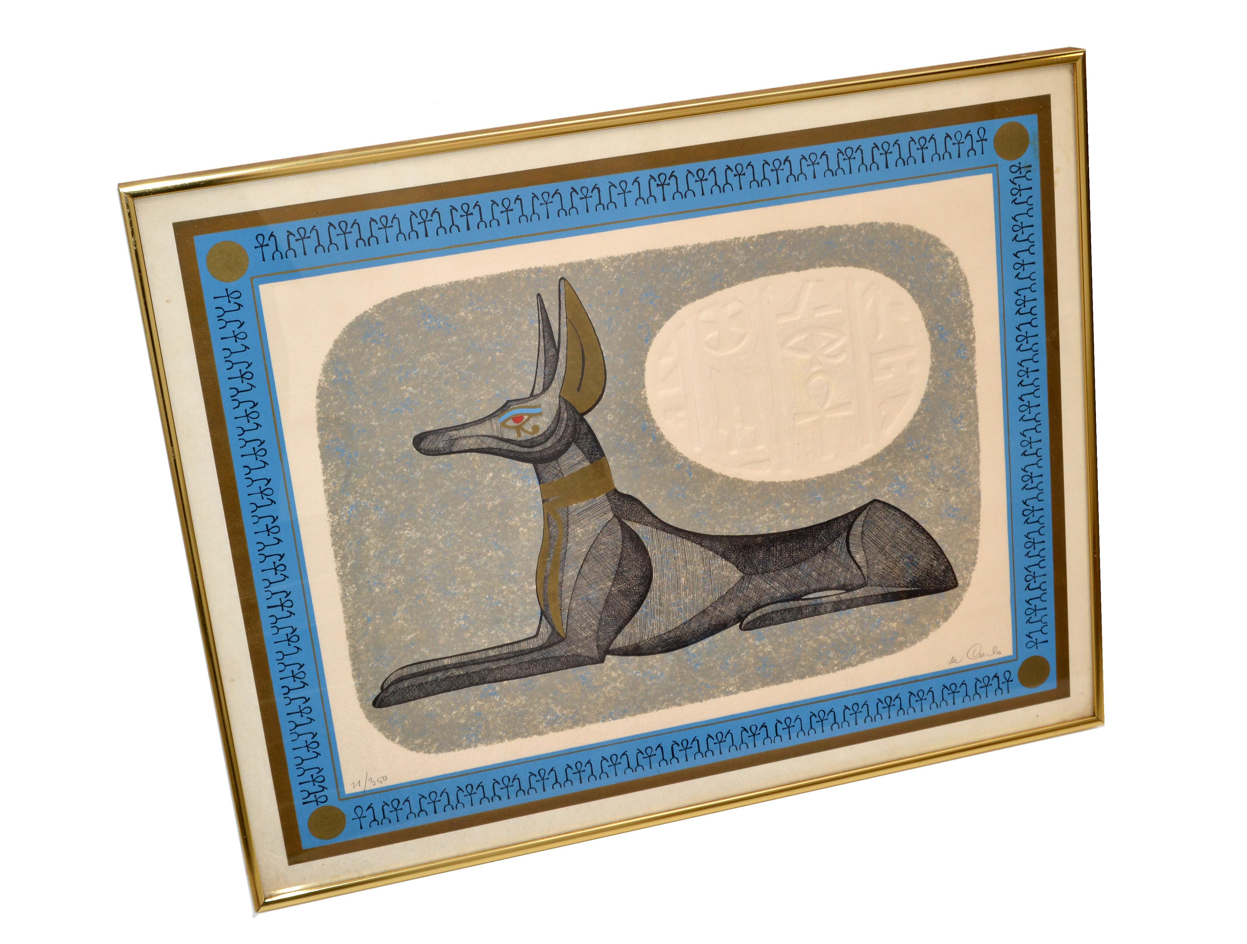 Beautiful Fine Art of a resting Egyptian dog by de Carlos and comes with Authentication on the reverse, # 1777.
Signed at the right side of the Lithography and numbered on the left Side, 21 / 350.
Brass Frame has some light wear due to History.