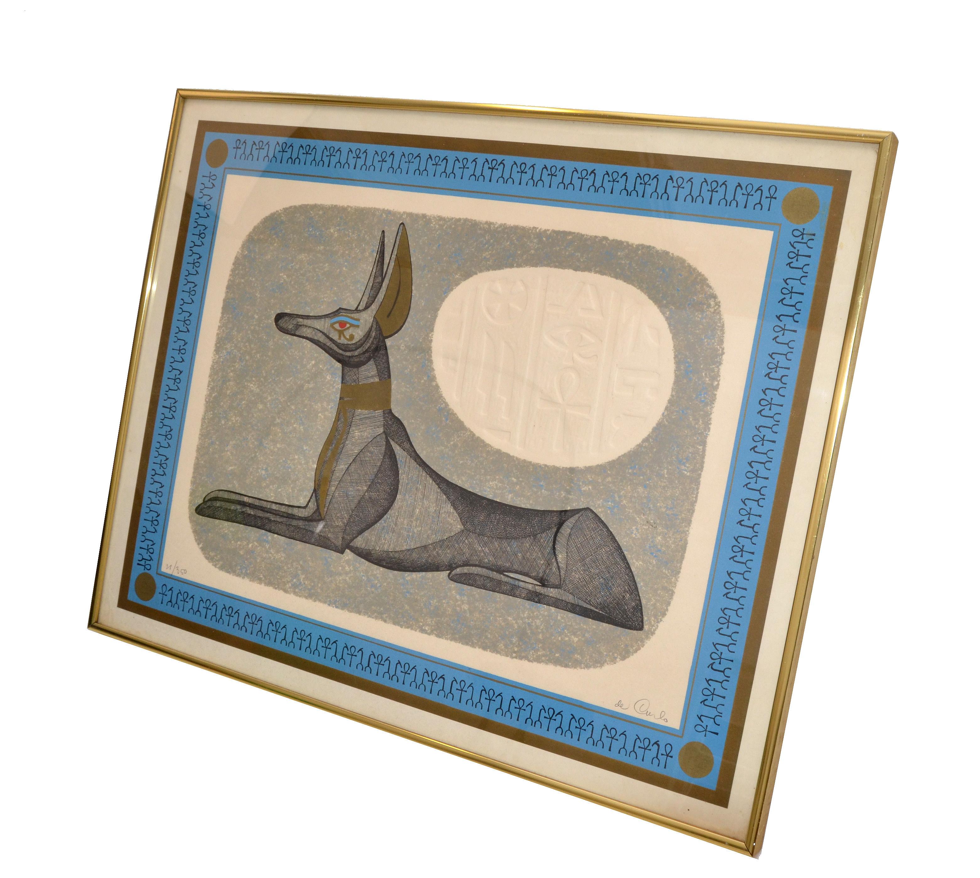 American Brass Framed Antique Egyptian Relaxing Dog Lithography with Authentication 1977