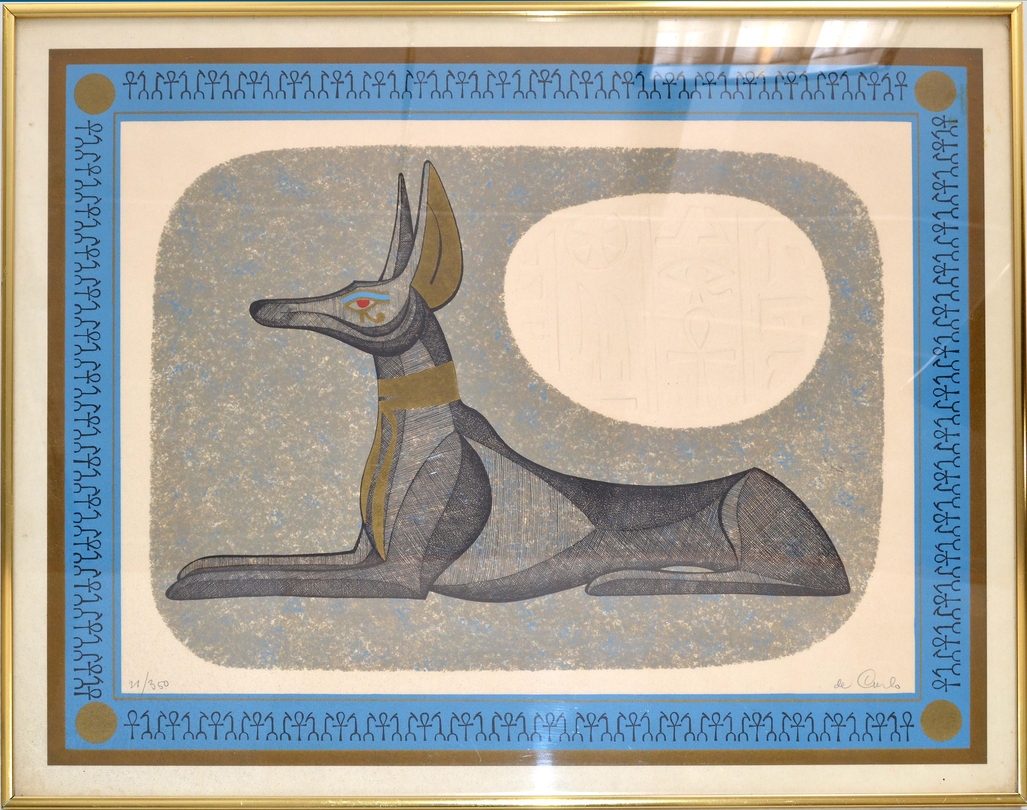 Brass Framed Antique Egyptian Relaxing Dog Lithography with Authentication 1977 In Good Condition In Miami, FL