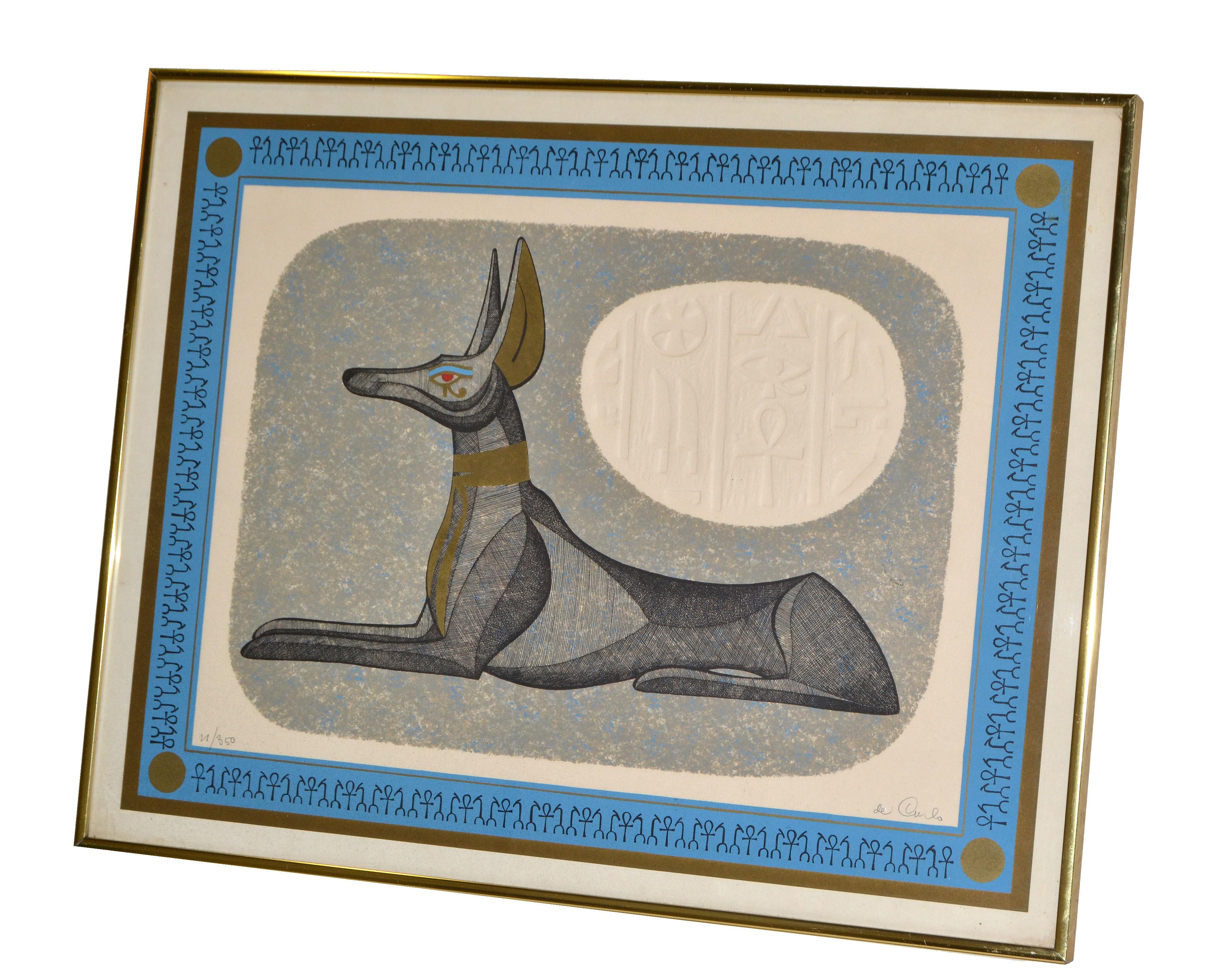 20th Century Brass Framed Antique Egyptian Relaxing Dog Lithography with Authentication 1977