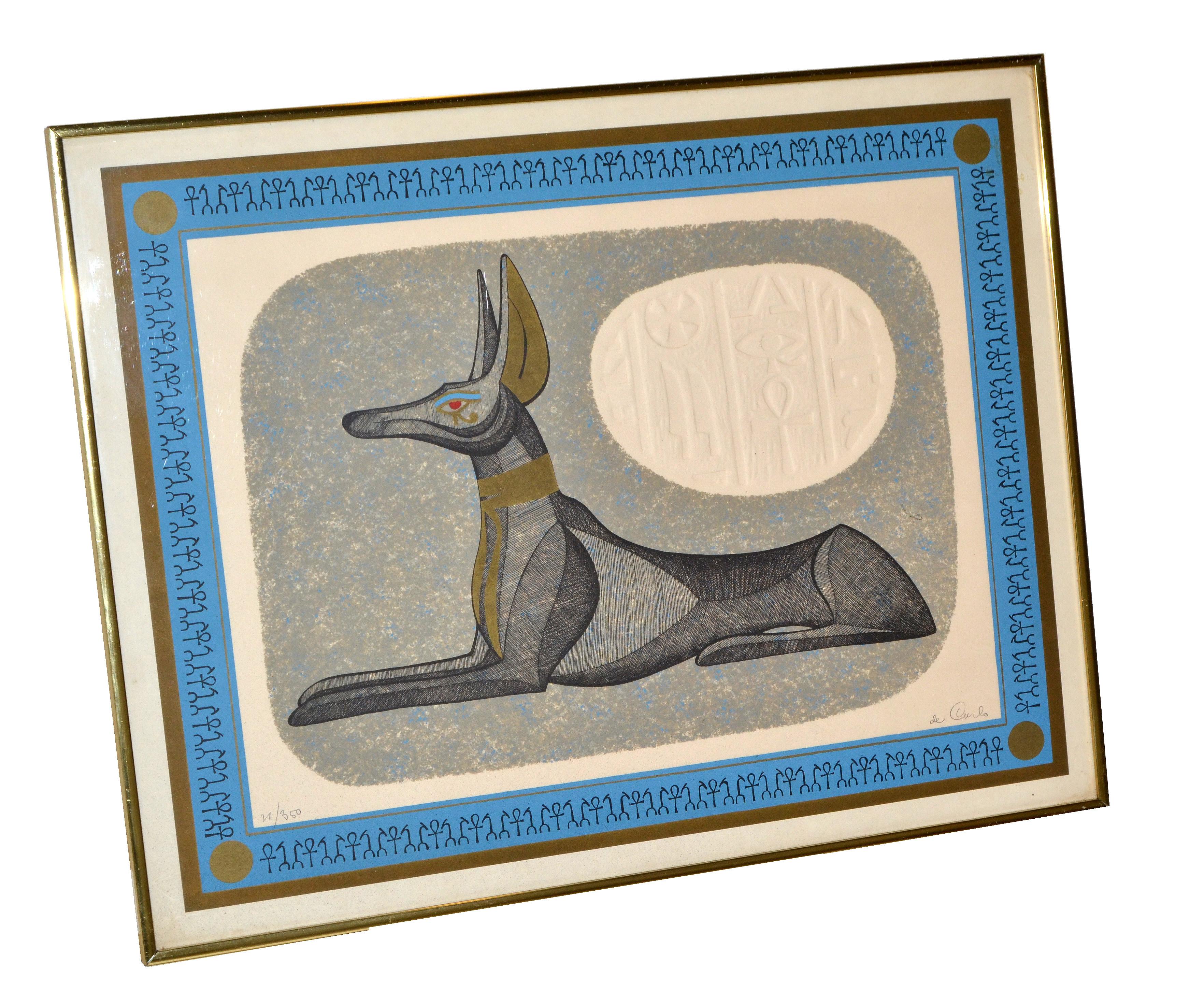 Brass Framed Antique Egyptian Relaxing Dog Lithography with Authentication 1977 1