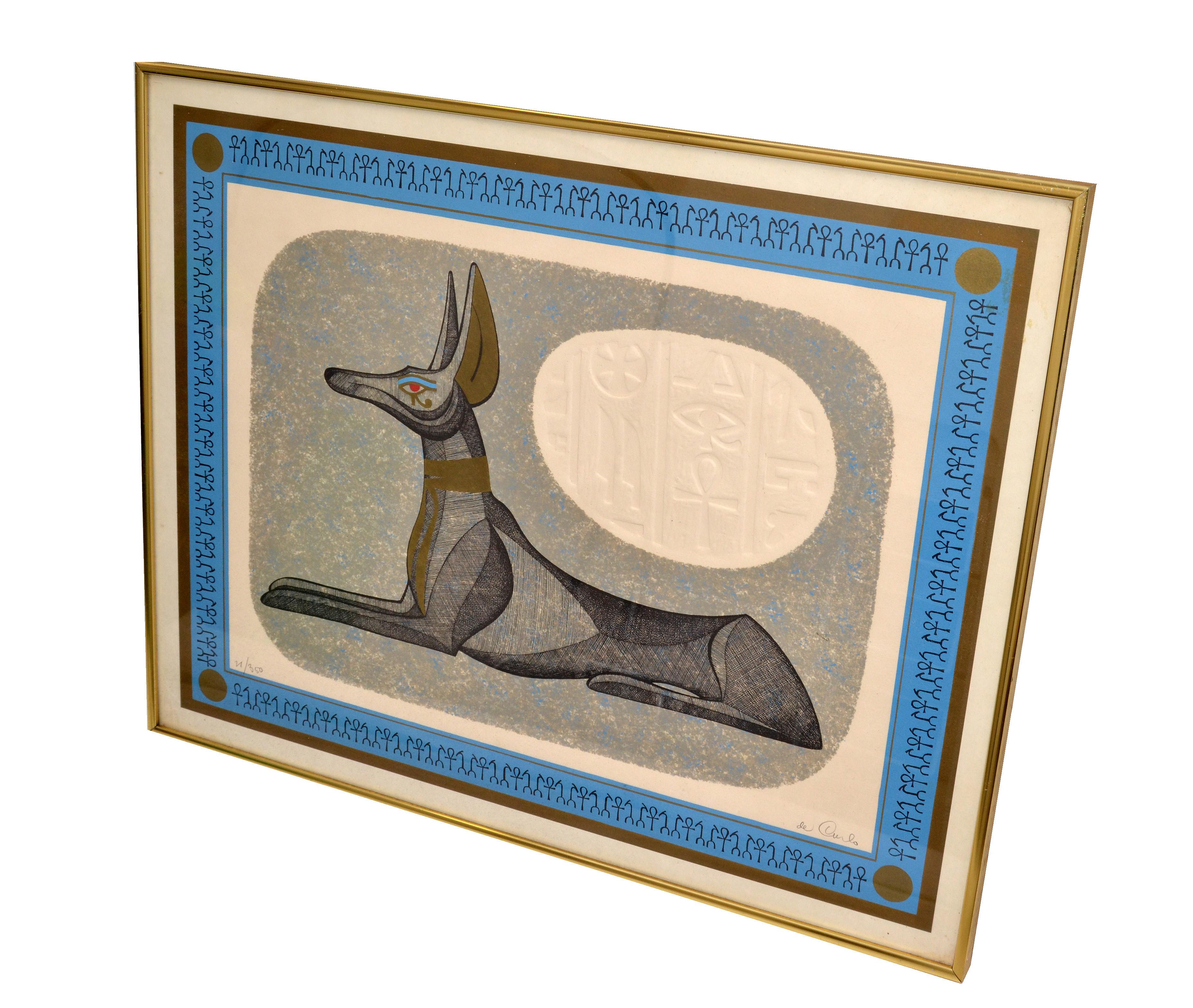 Brass Framed Antique Egyptian Relaxing Dog Lithography with Authentication 1977 3