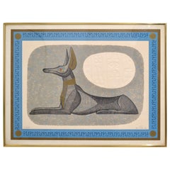 Brass Framed Antique Egyptian Relaxing Dog Lithography with Authentication 1977