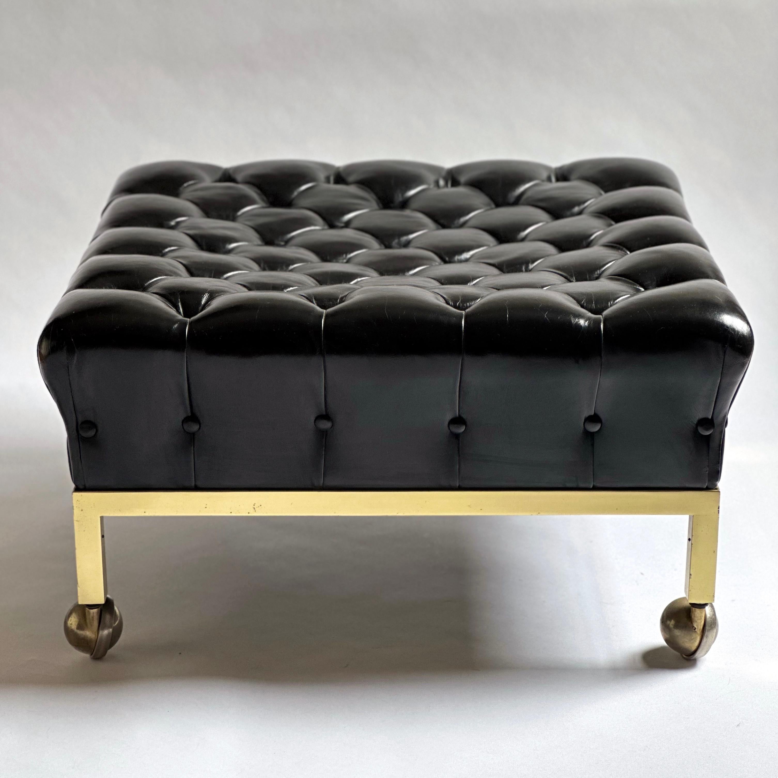 Mid-Century Modern Brass Framed Biscuit Tufted Ottoman in Original Black Leather by Harvey Probber For Sale