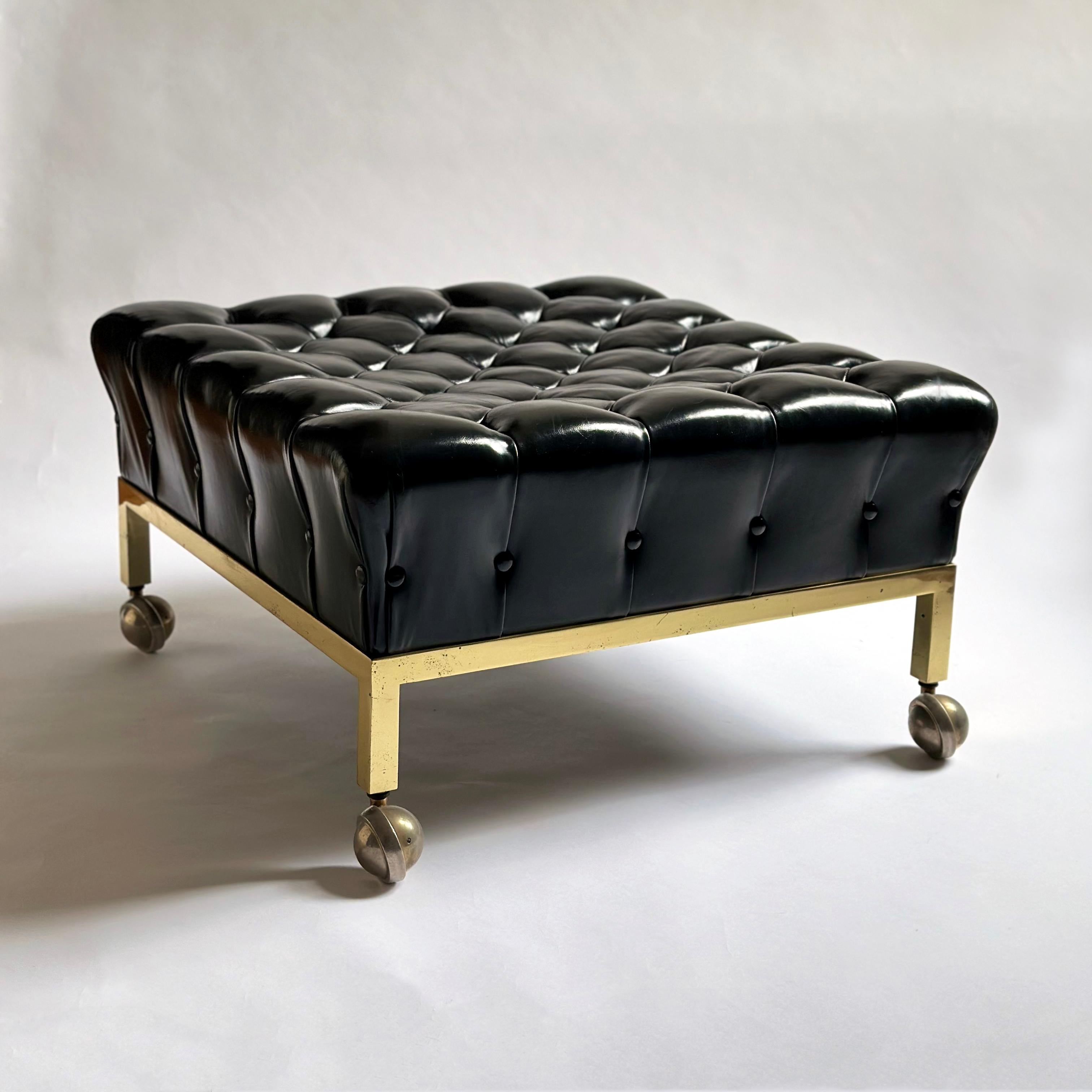 American Brass Framed Biscuit Tufted Ottoman in Original Black Leather by Harvey Probber For Sale