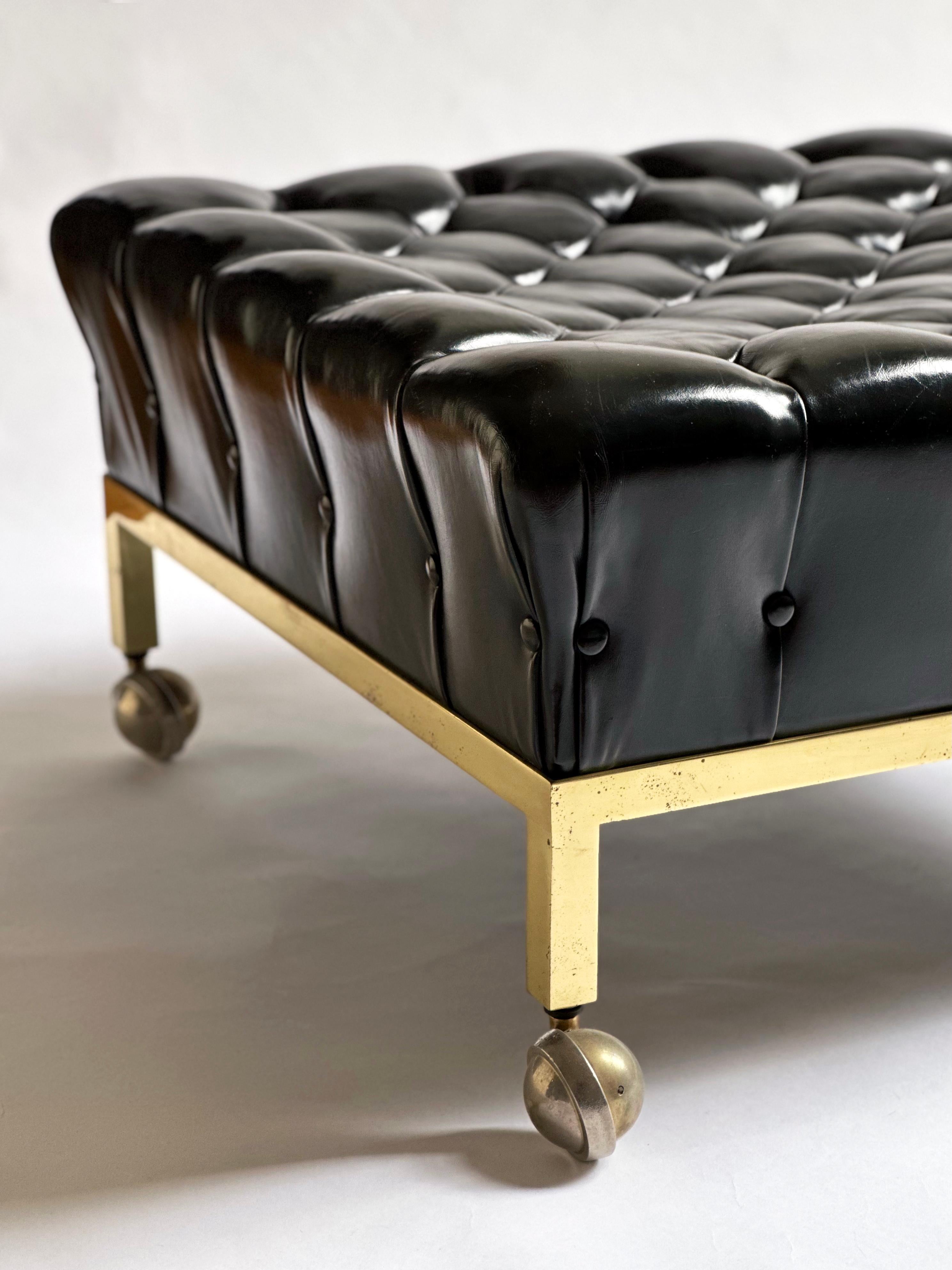 Lacquered Brass Framed Biscuit Tufted Ottoman in Original Black Leather by Harvey Probber For Sale