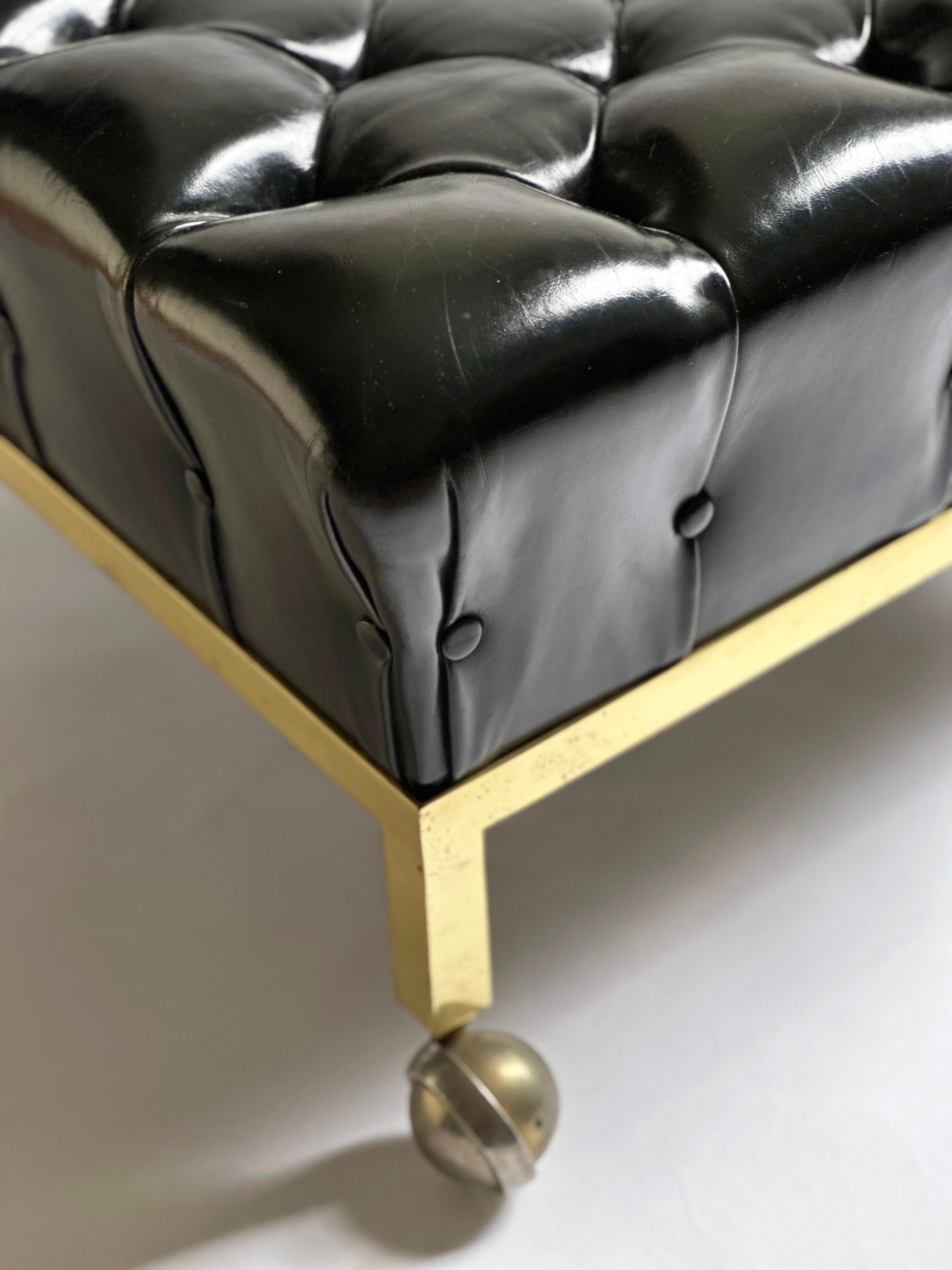 Brass Framed Biscuit Tufted Ottoman in Original Black Leather by Harvey Probber In Good Condition For Sale In Brooklyn, NY