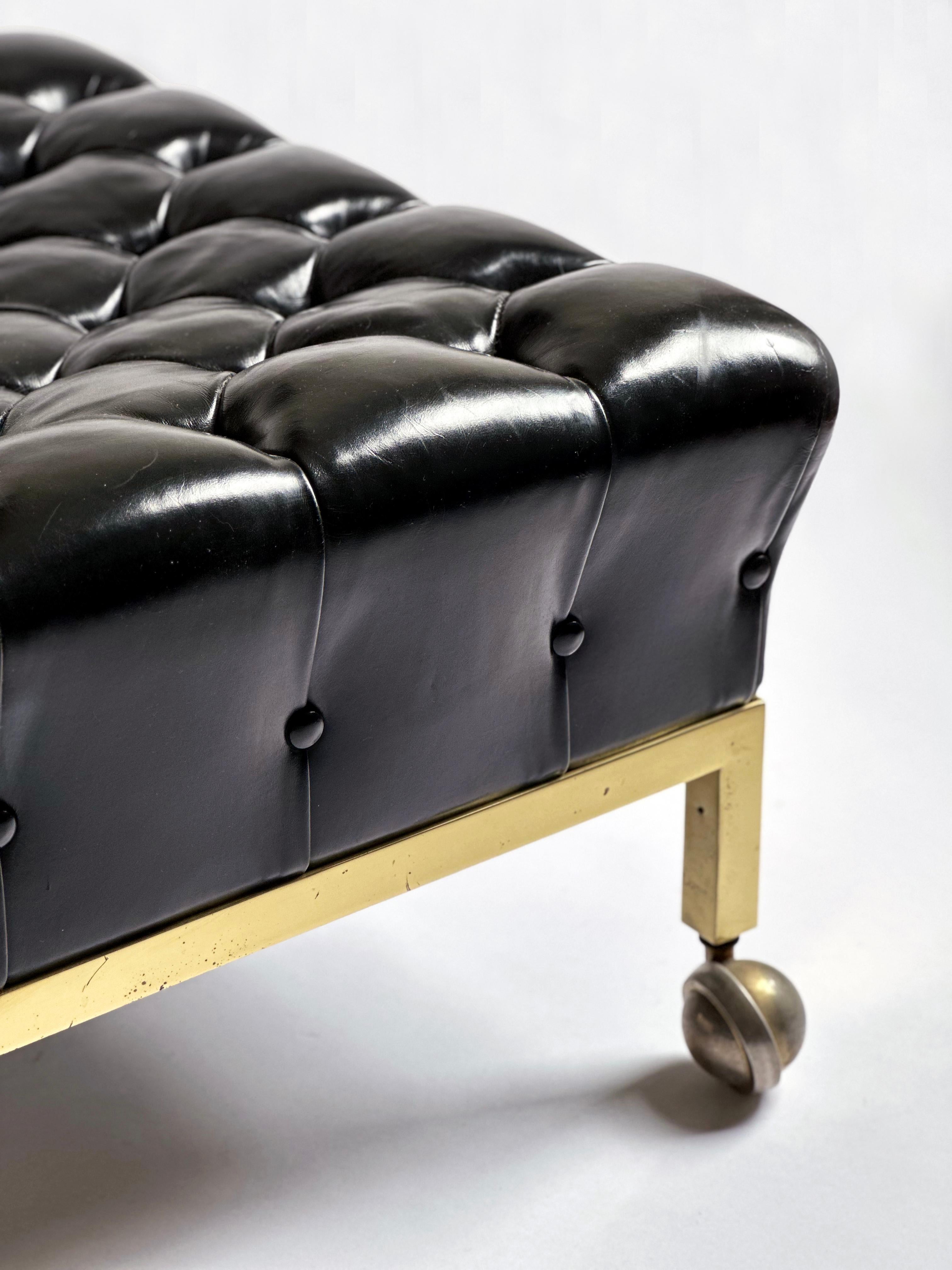 Mid-20th Century Brass Framed Biscuit Tufted Ottoman in Original Black Leather by Harvey Probber For Sale