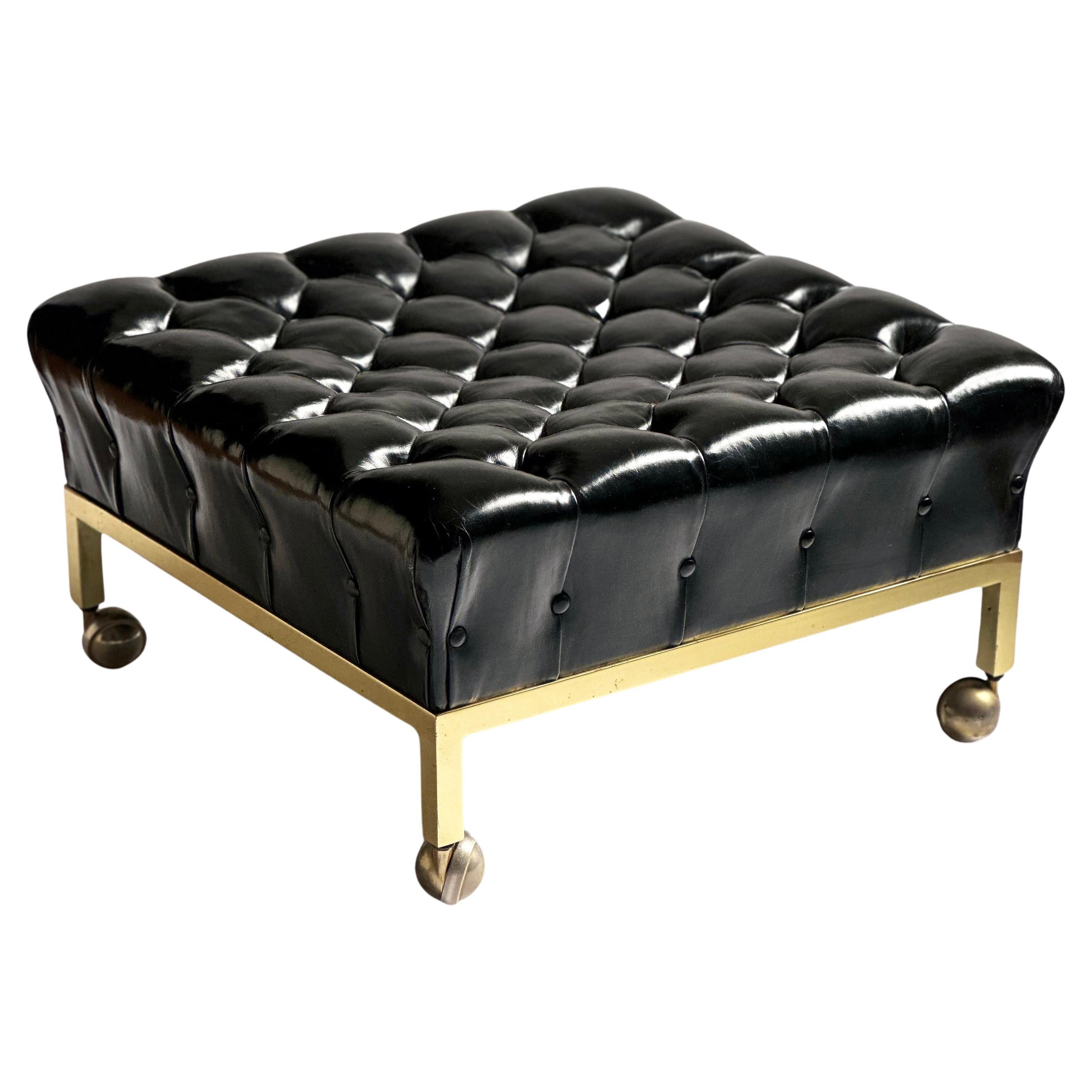 Brass Framed Biscuit Tufted Ottoman in Original Black Leather by Harvey Probber