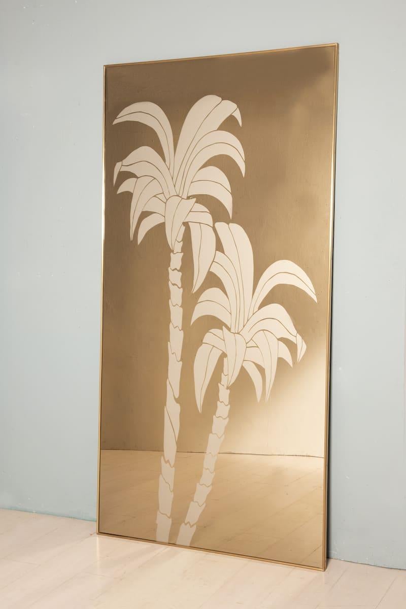 Italian Brass framed mirror, Bronze Mirror and Palms For Sale