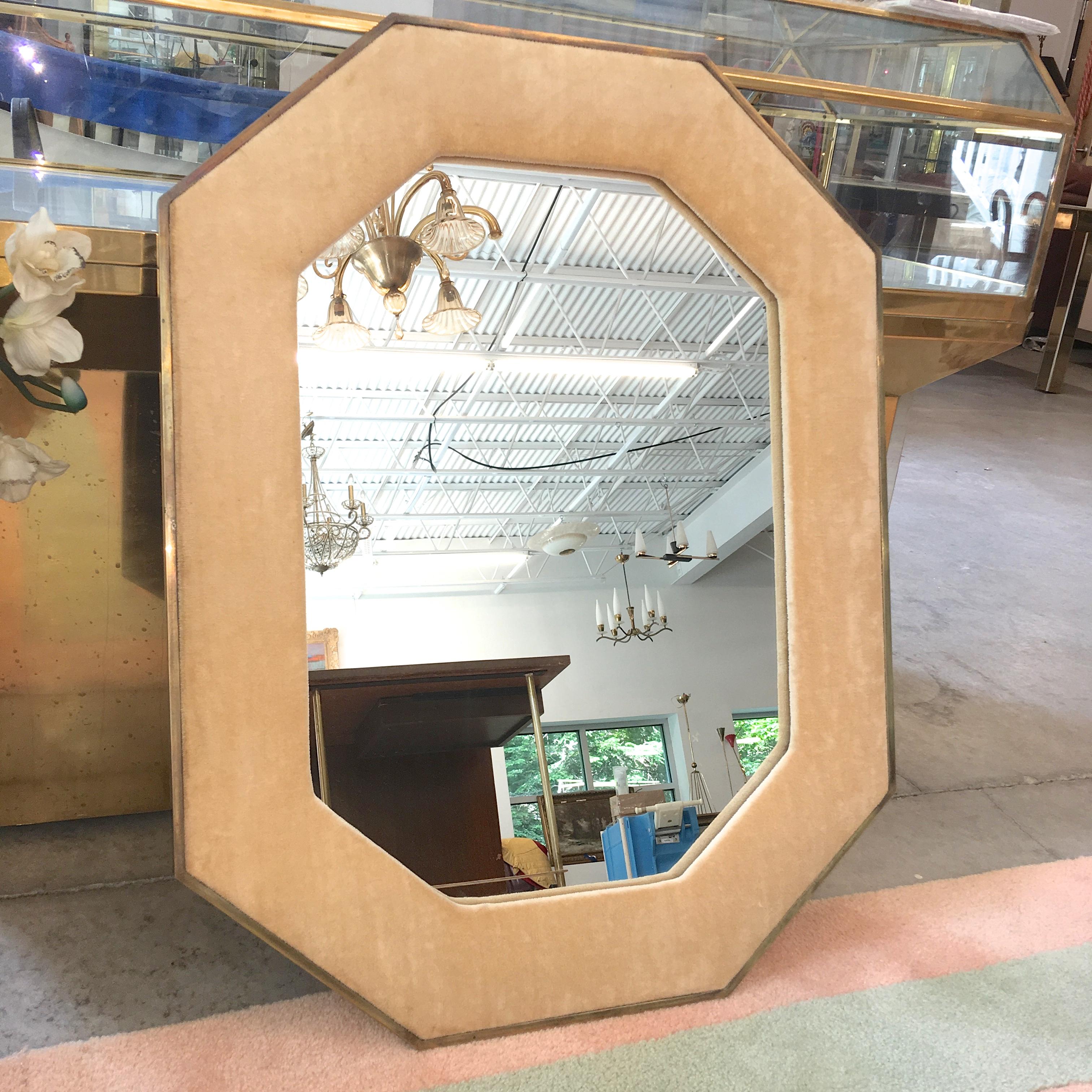 Brass Framed Upholstered Octagonal Mirror by John Widdicomb For Sale 2