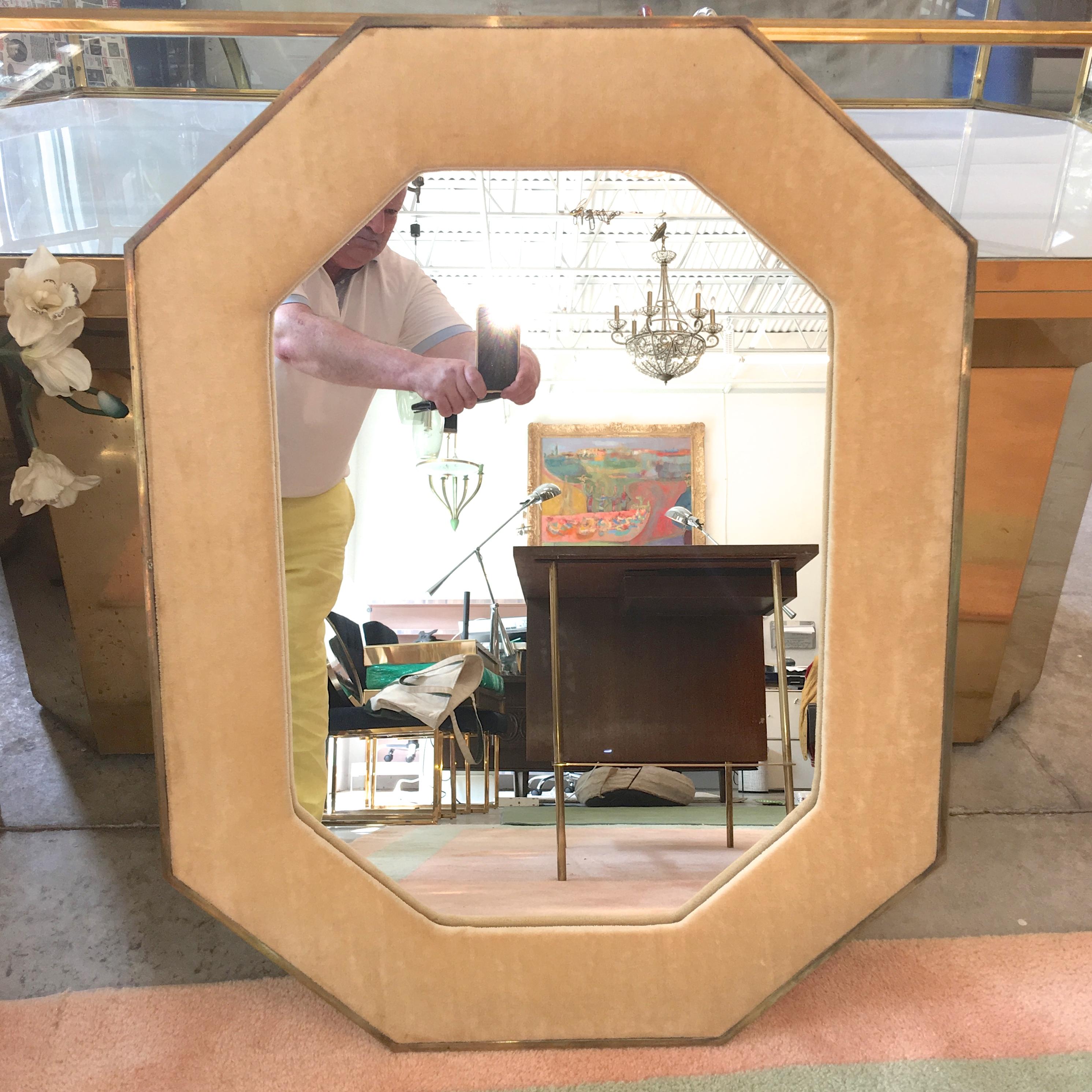 Brass Framed Upholstered Octagonal Mirror by John Widdicomb For Sale 3