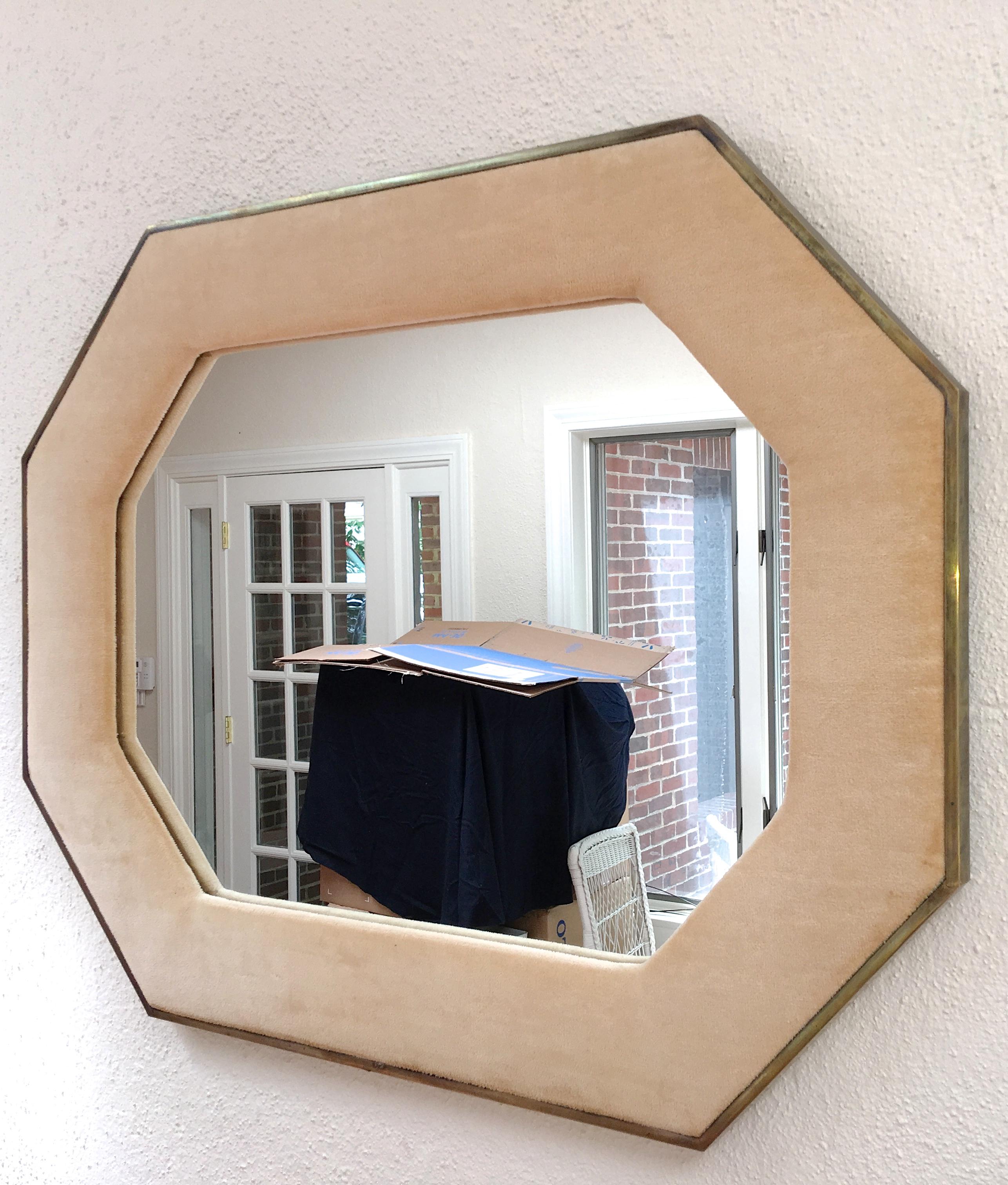 Brass Framed Upholstered Octagonal Mirror by John Widdicomb For Sale 7