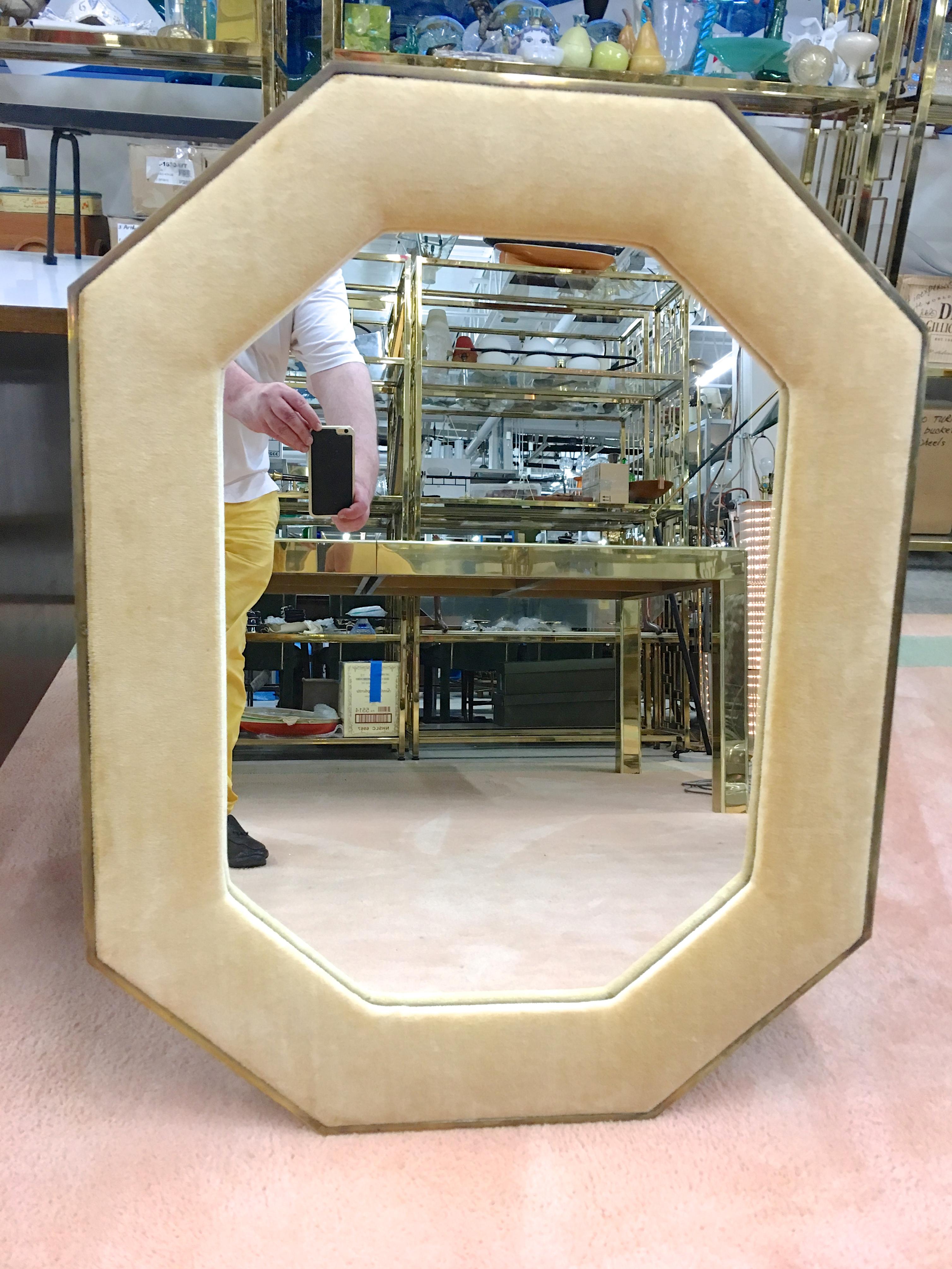 Mid-Century Modern Brass Framed Upholstered Octagonal Mirror by John Widdicomb For Sale