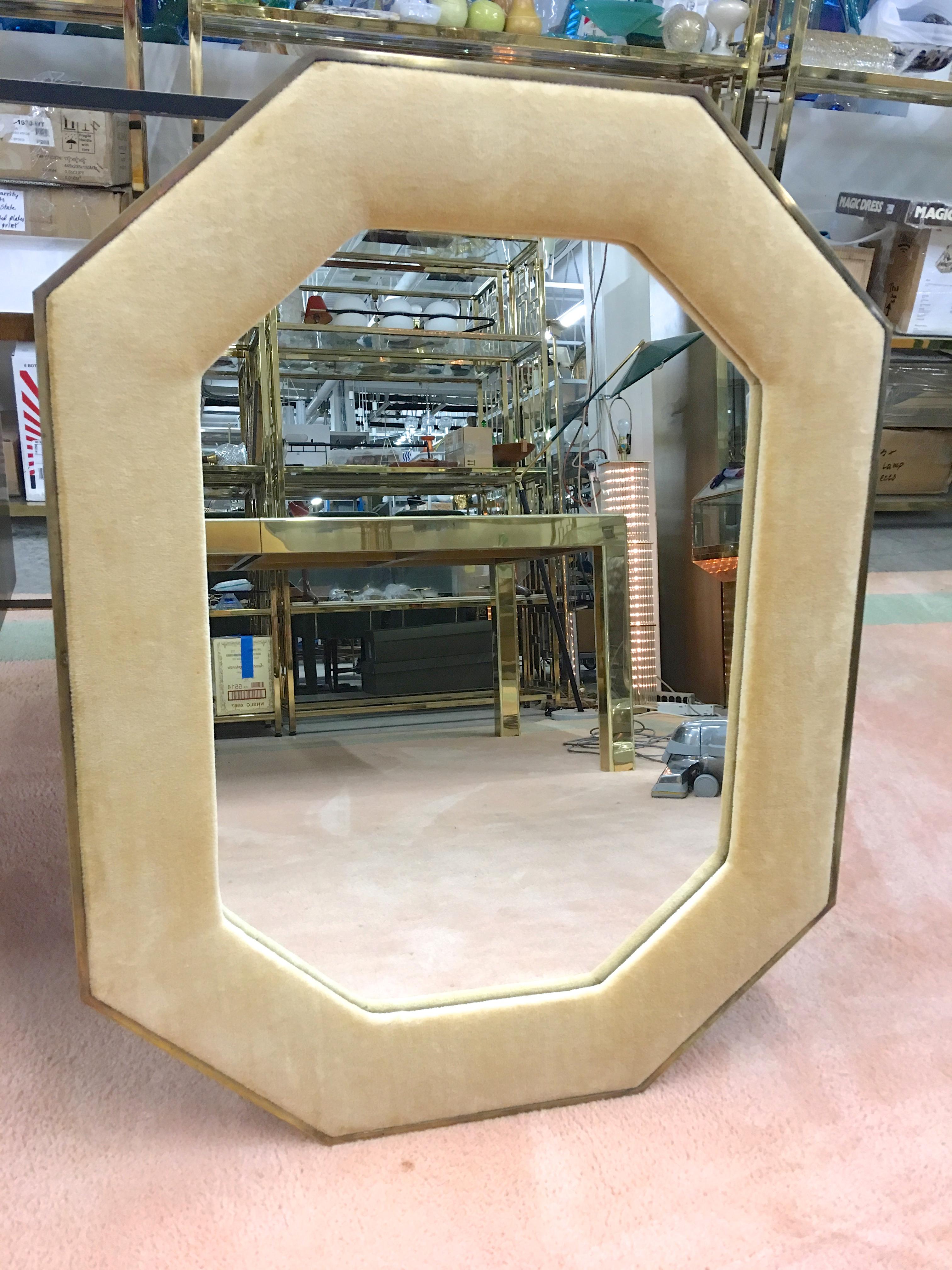 American Brass Framed Upholstered Octagonal Mirror by John Widdicomb For Sale