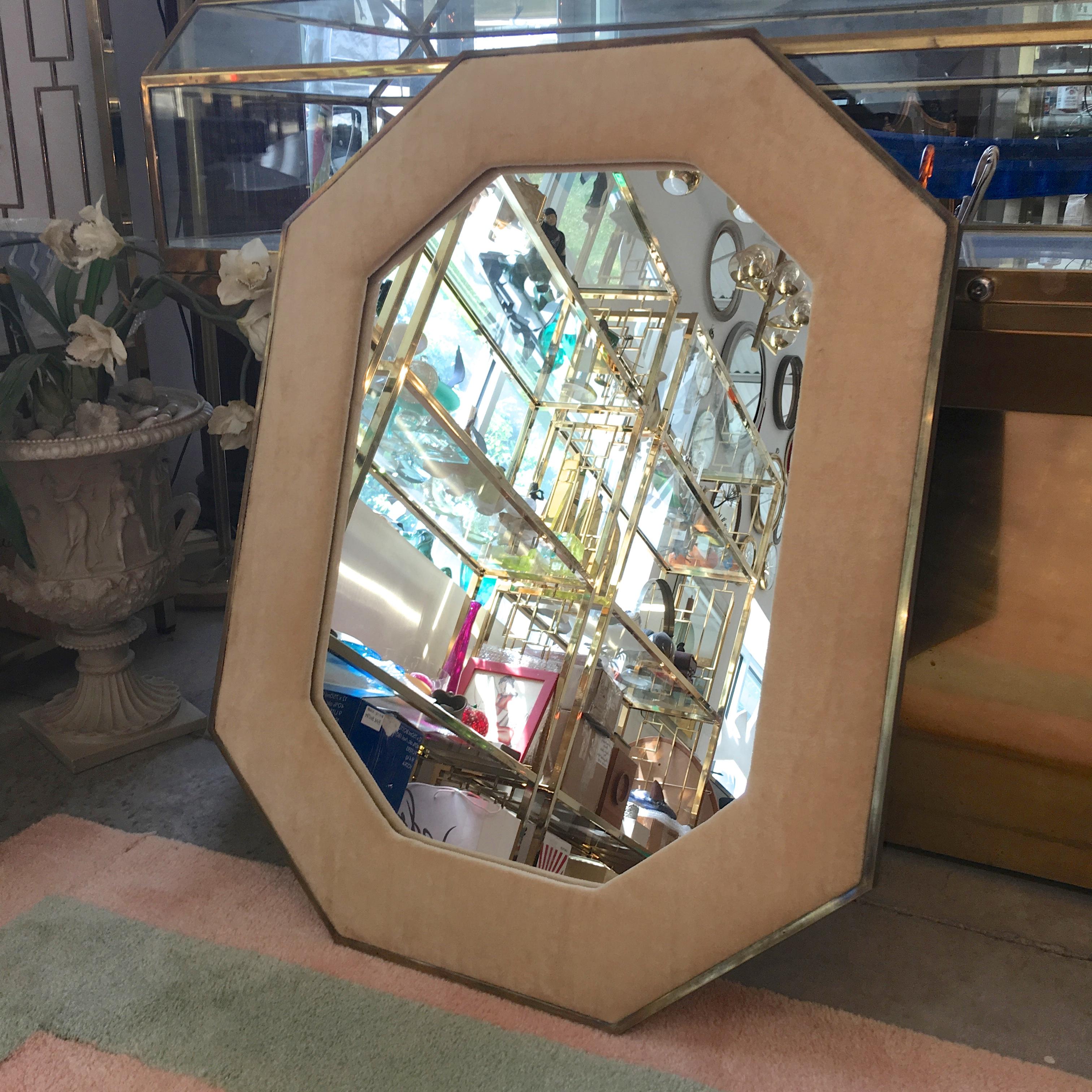 Brass Framed Upholstered Octagonal Mirror by John Widdicomb For Sale 1