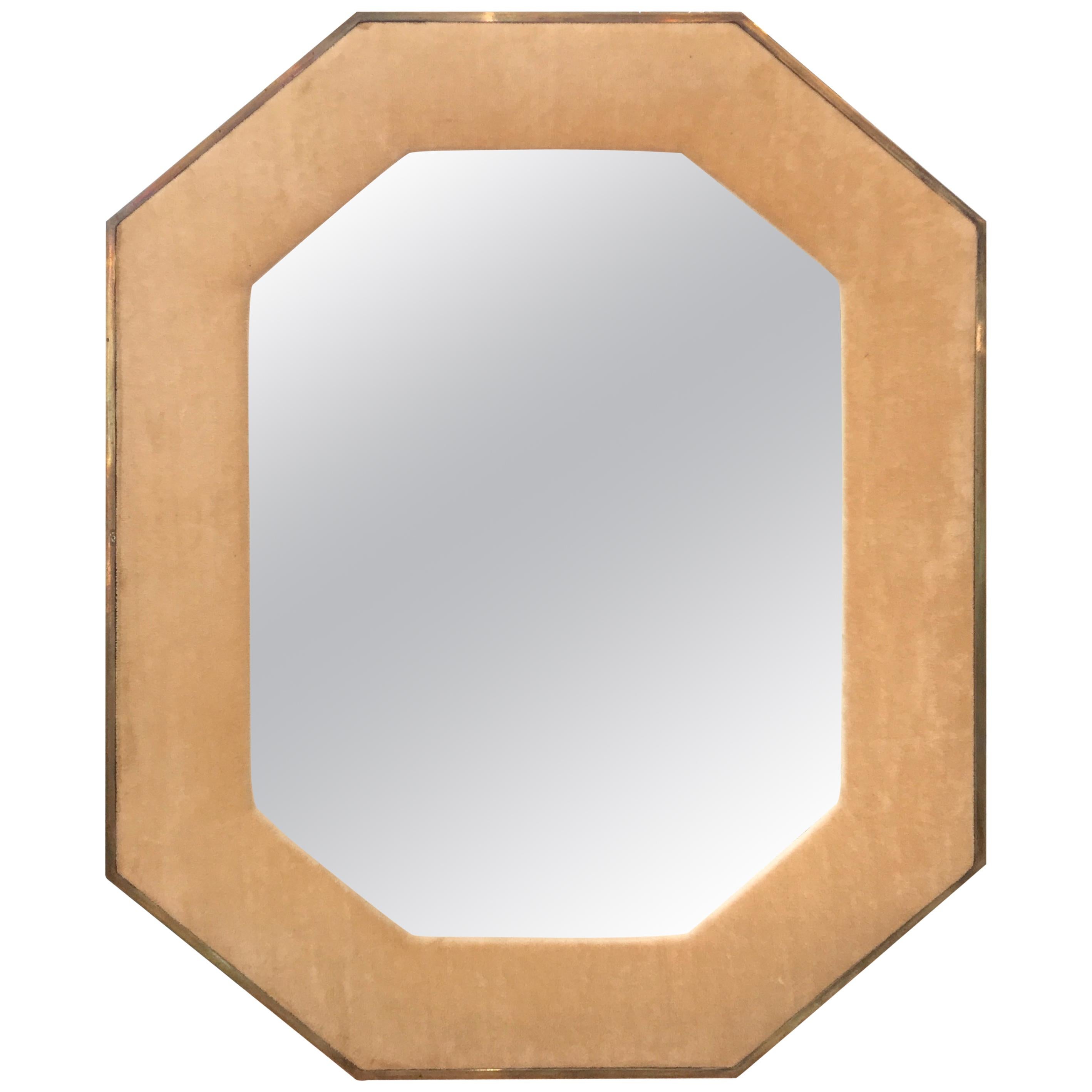 Brass Framed Upholstered Octagonal Mirror by John Widdicomb