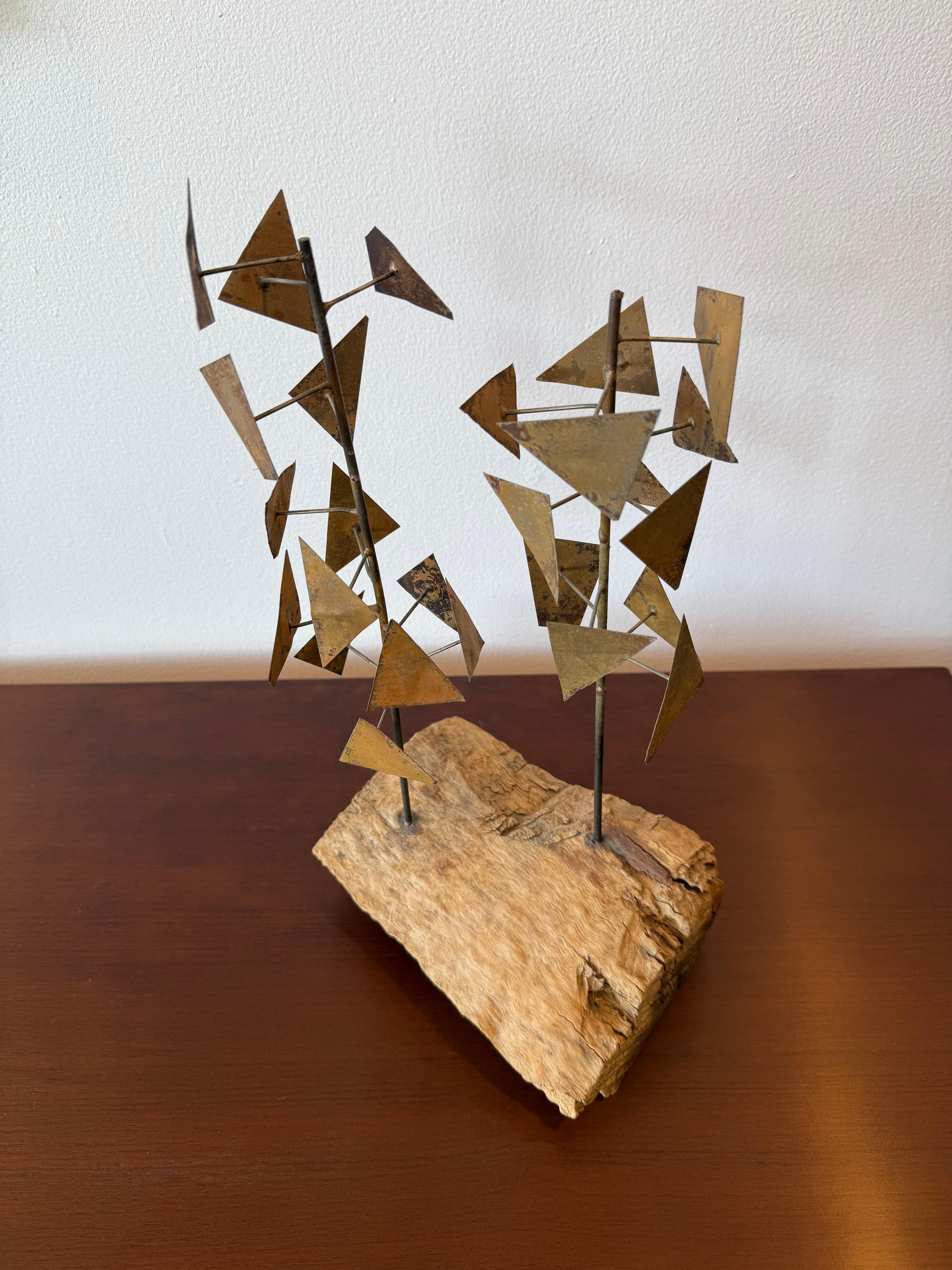 Mid-Century Modern Brass & Freeform Wood Sculpture after Bertoia For Sale