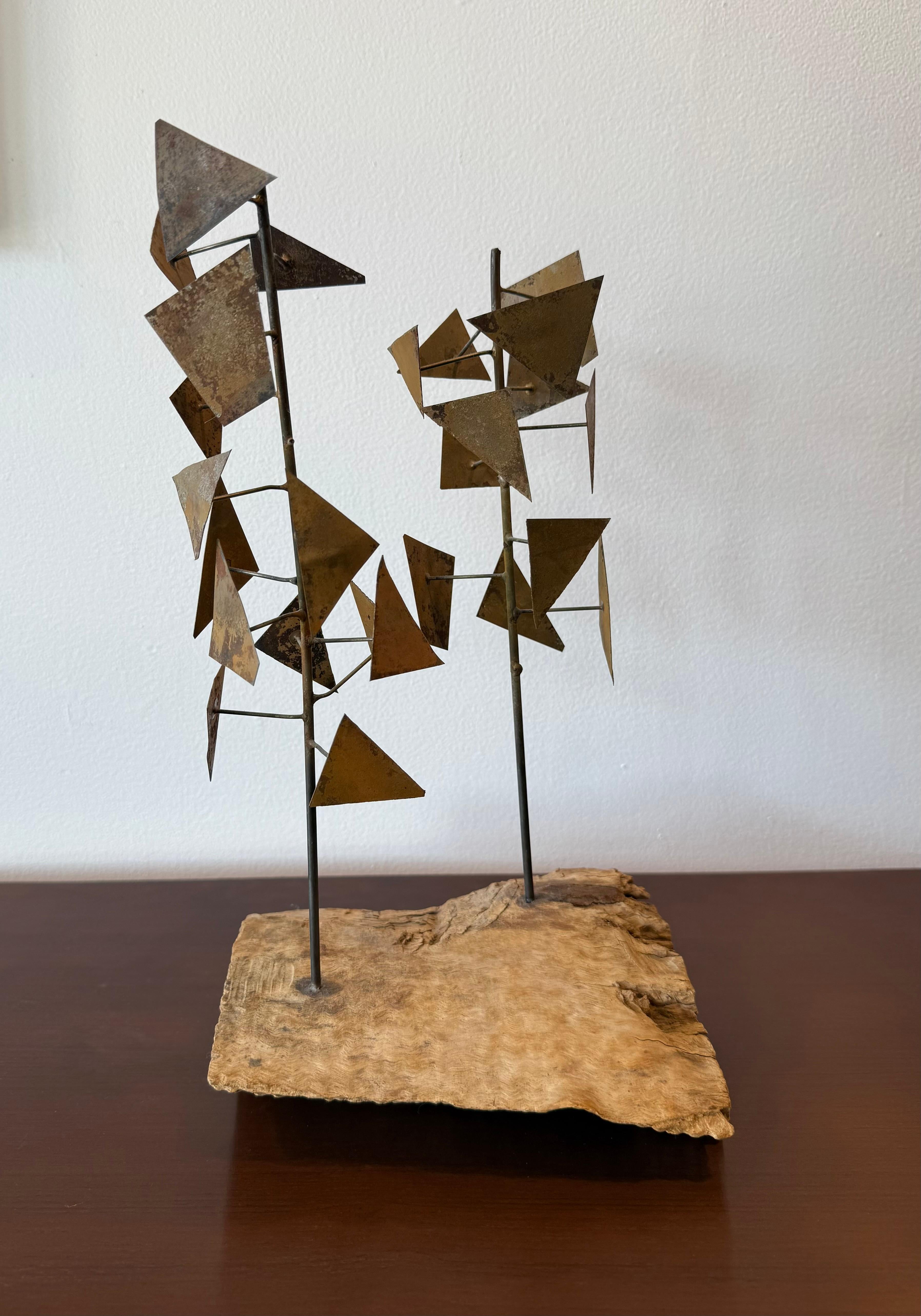 Brass & Freeform Wood Sculpture after Bertoia In Good Condition For Sale In Phoenix, AZ