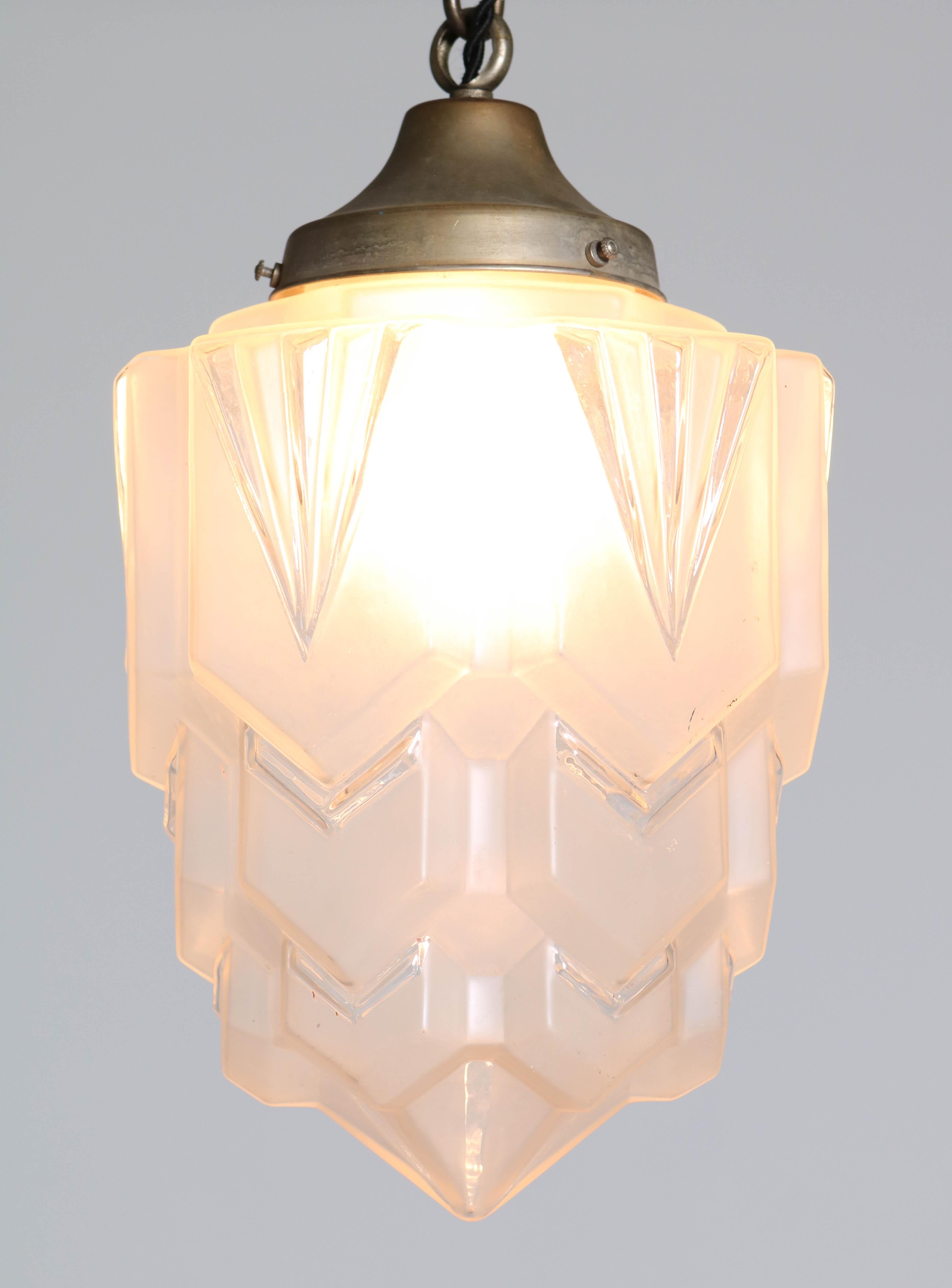 Brass French Art Deco Pendant with Original Glass Shade, 1930s 6