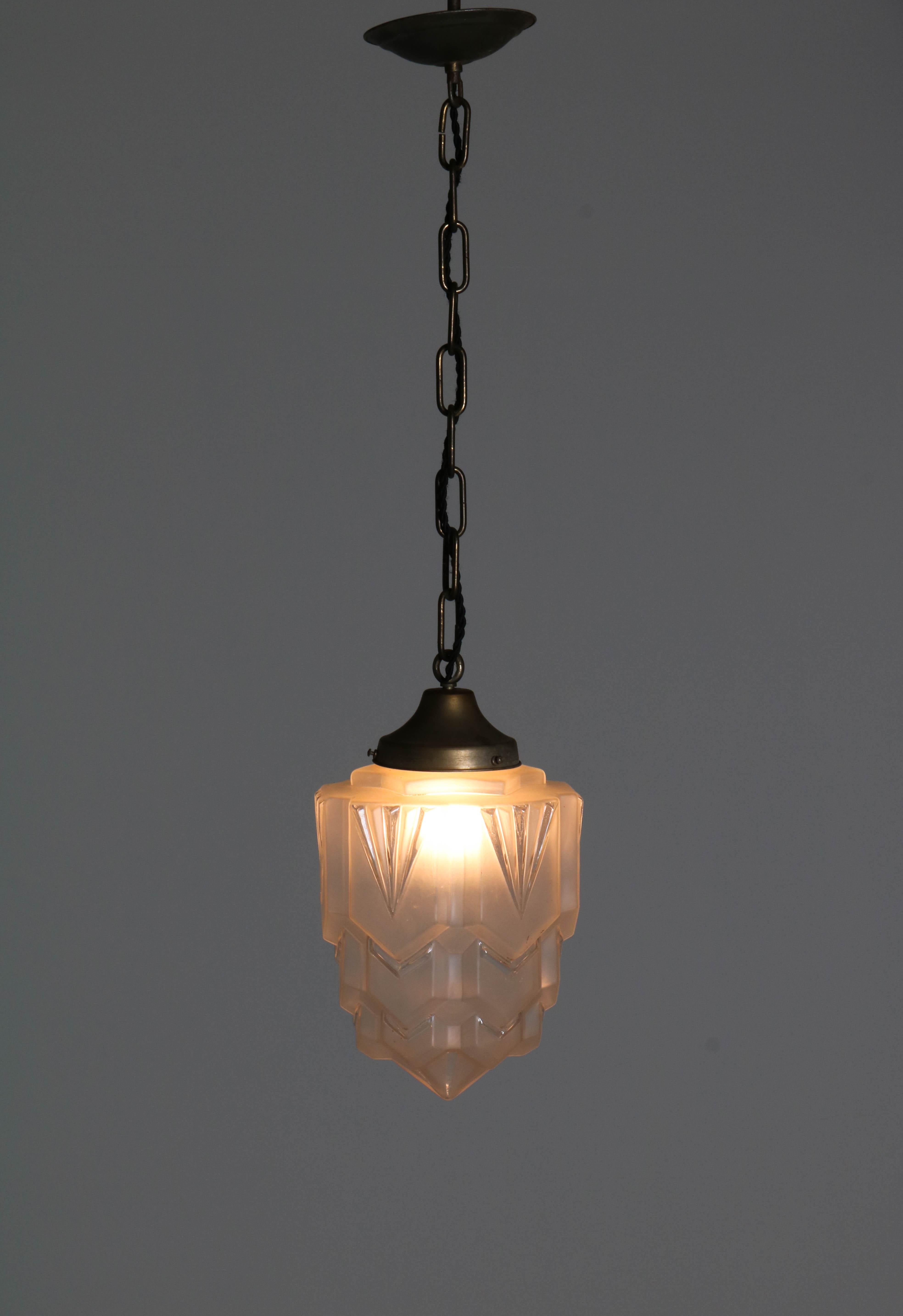 Brass French Art Deco Pendant with Original Glass Shade, 1930s 7