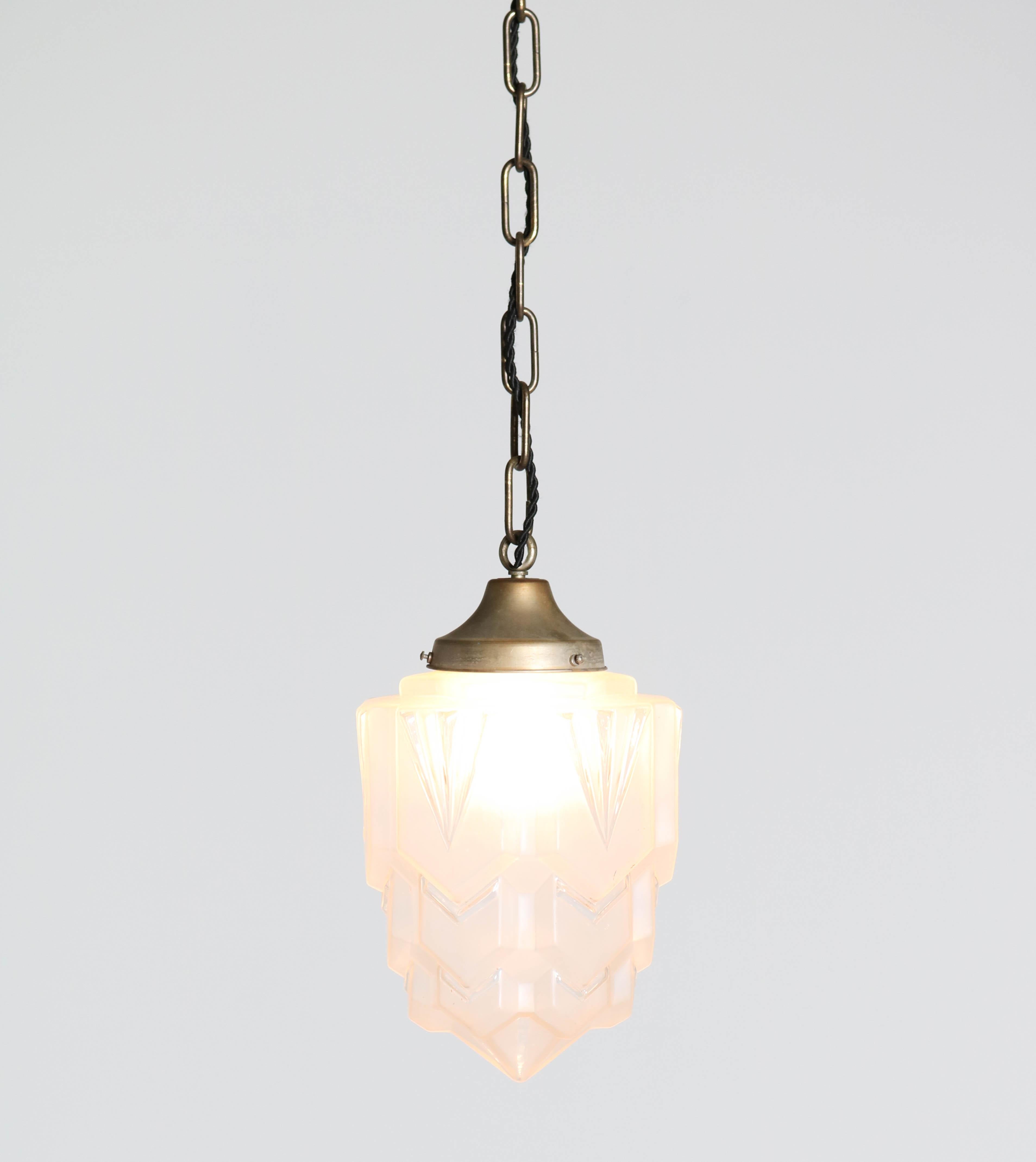 Brass French Art Deco Pendant with Original Glass Shade, 1930s 8