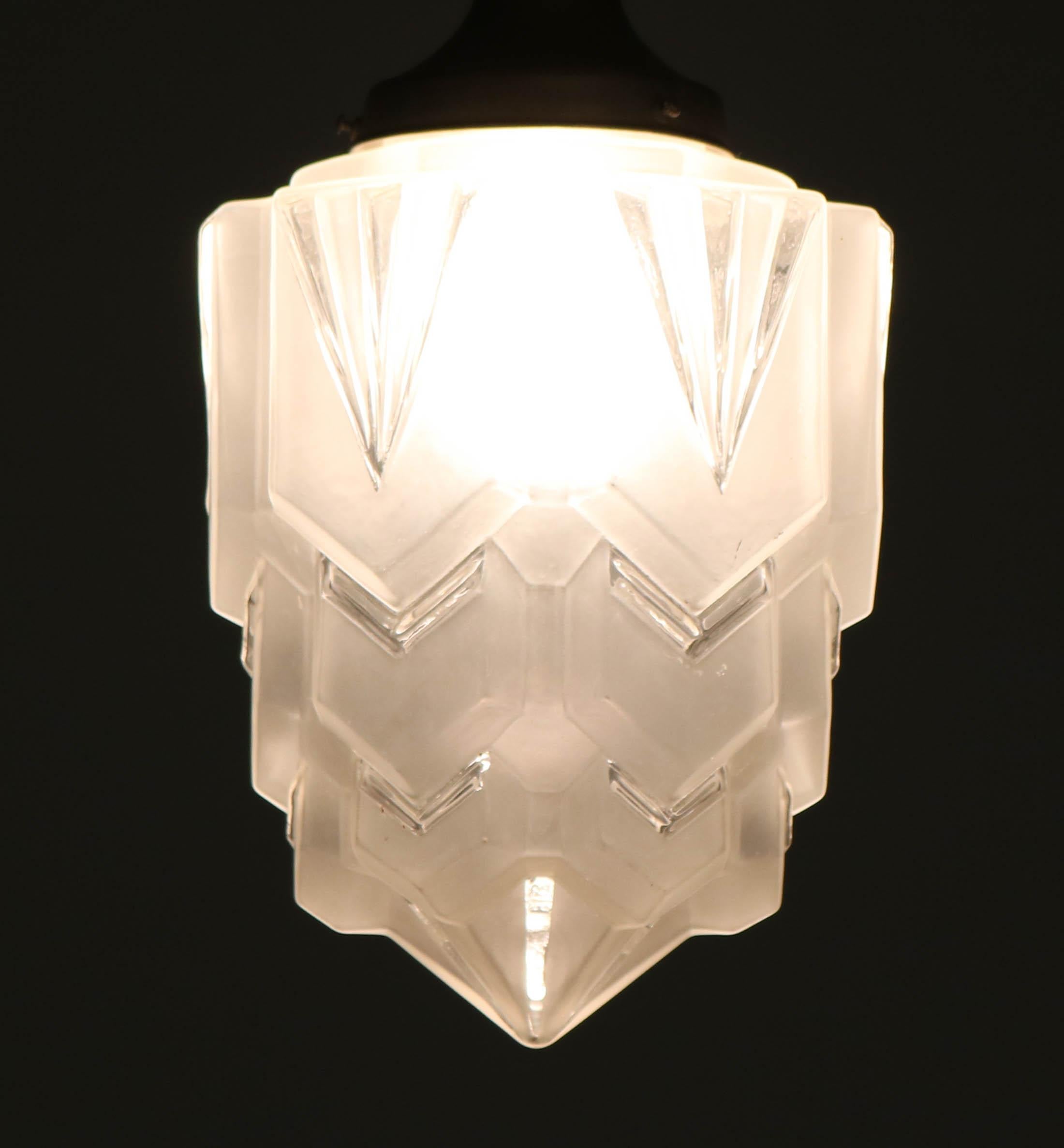 Brass French Art Deco Pendant with Original Glass Shade, 1930s 9