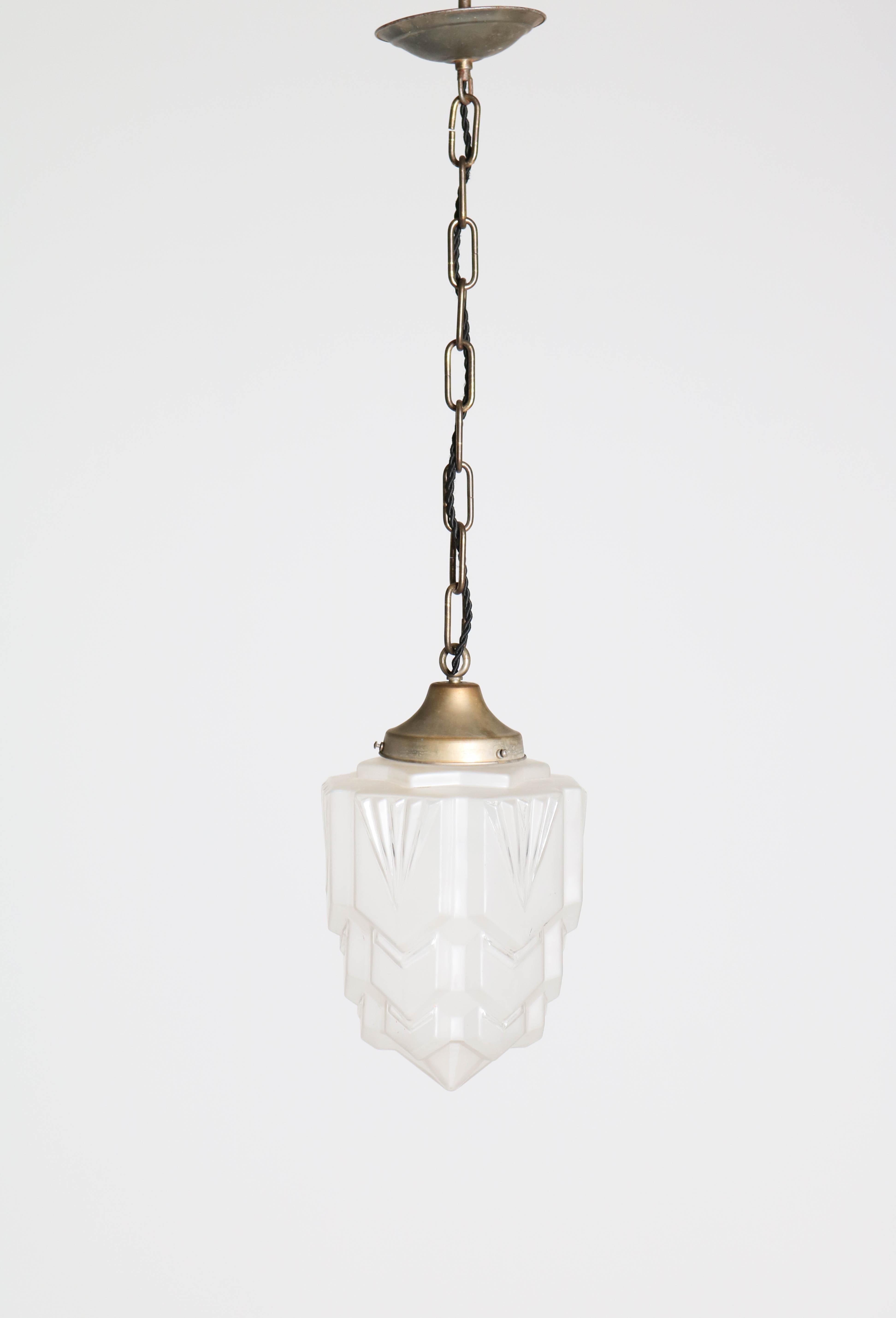 Brass French Art Deco Pendant with Original Glass Shade, 1930s 11