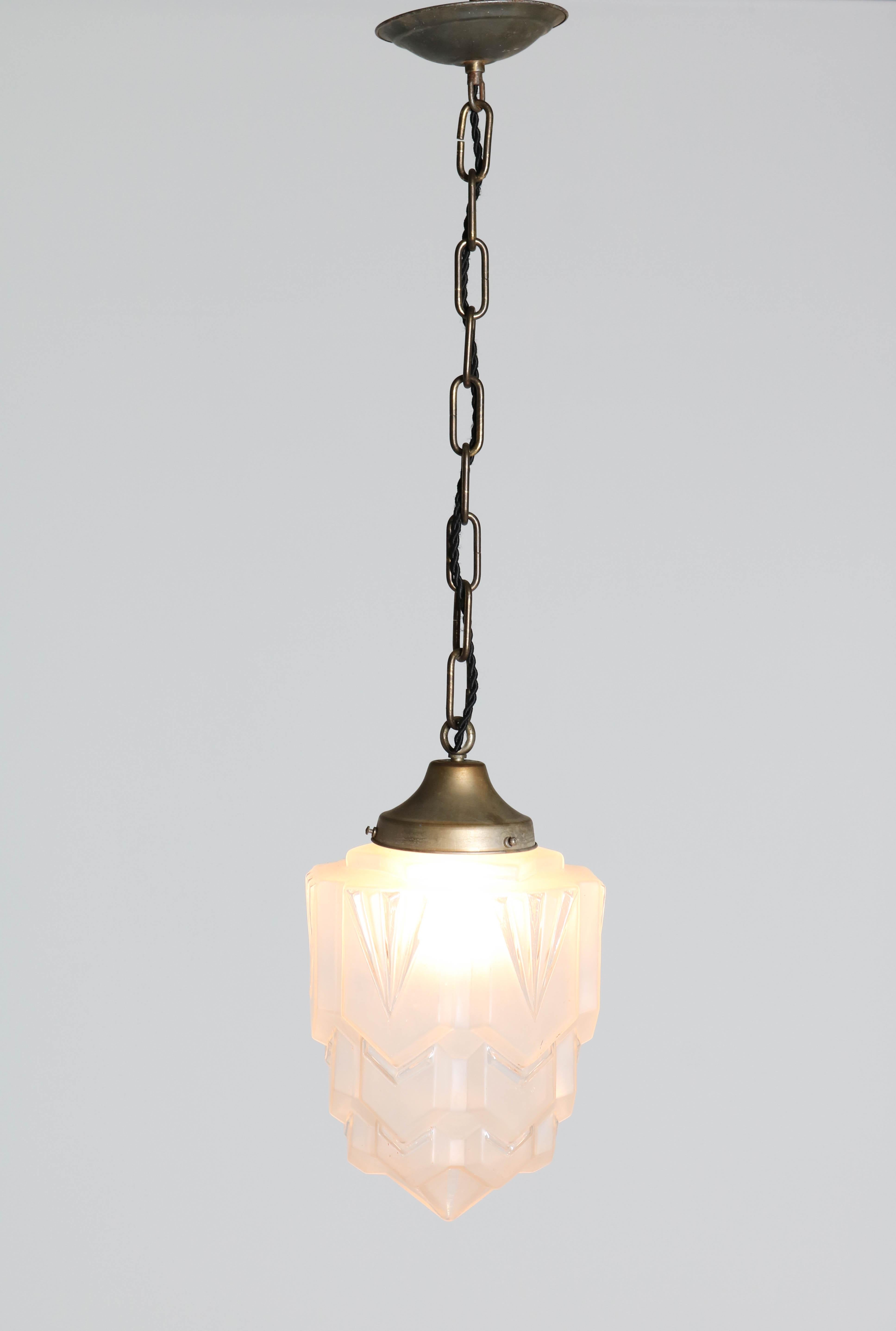 Brass French Art Deco Pendant with Original Glass Shade, 1930s In Good Condition In Amsterdam, NL