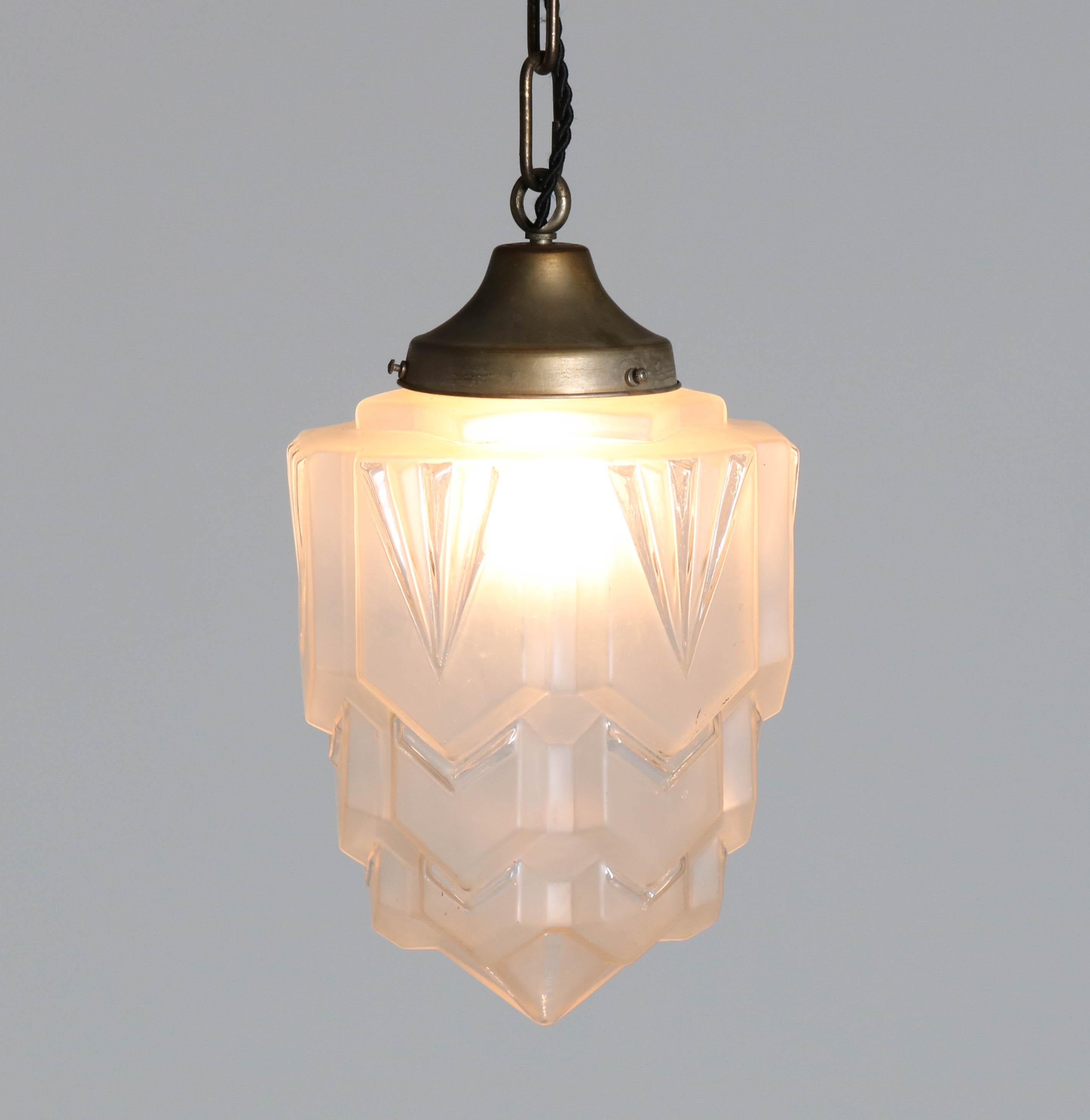Mid-20th Century Brass French Art Deco Pendant with Original Glass Shade, 1930s