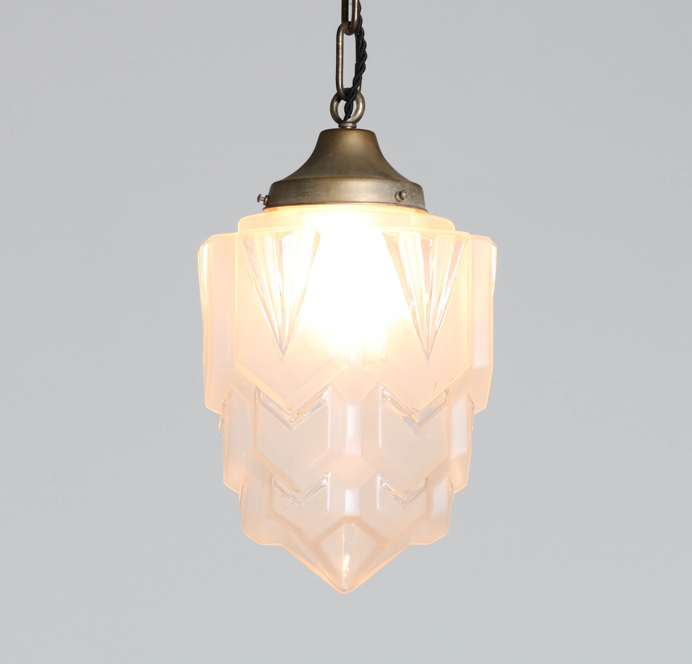 Brass French Art Deco Pendant with Original Glass Shade, 1930s 1