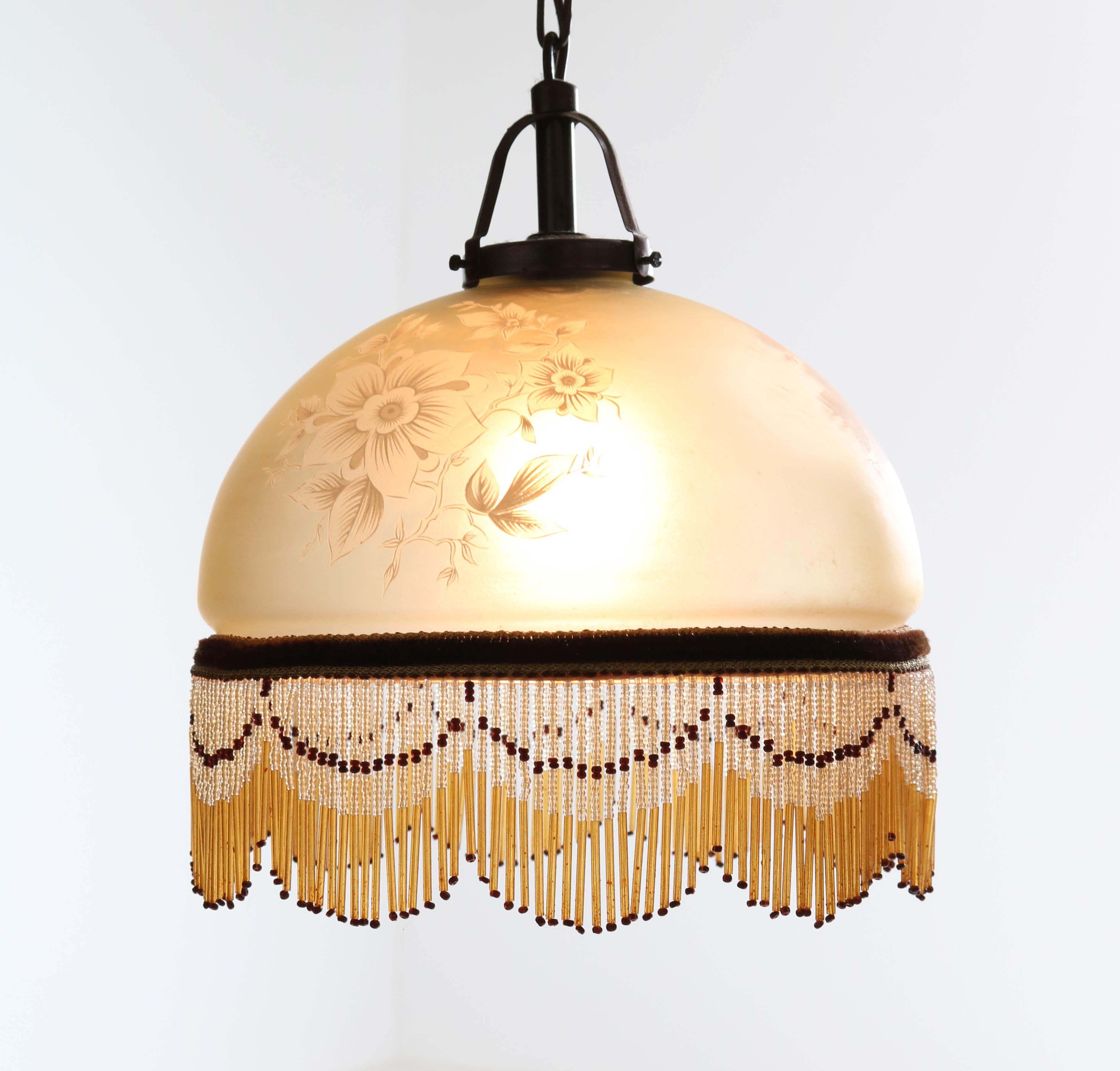 Brass French Art Nouveau Pendant Lamp with Etched Glass, 1900s In Good Condition In Amsterdam, NL