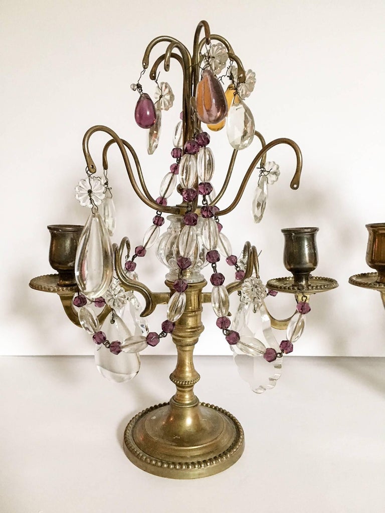 Brass French Crystal Amethyst Glass Candelabras, Pair at 1stDibs