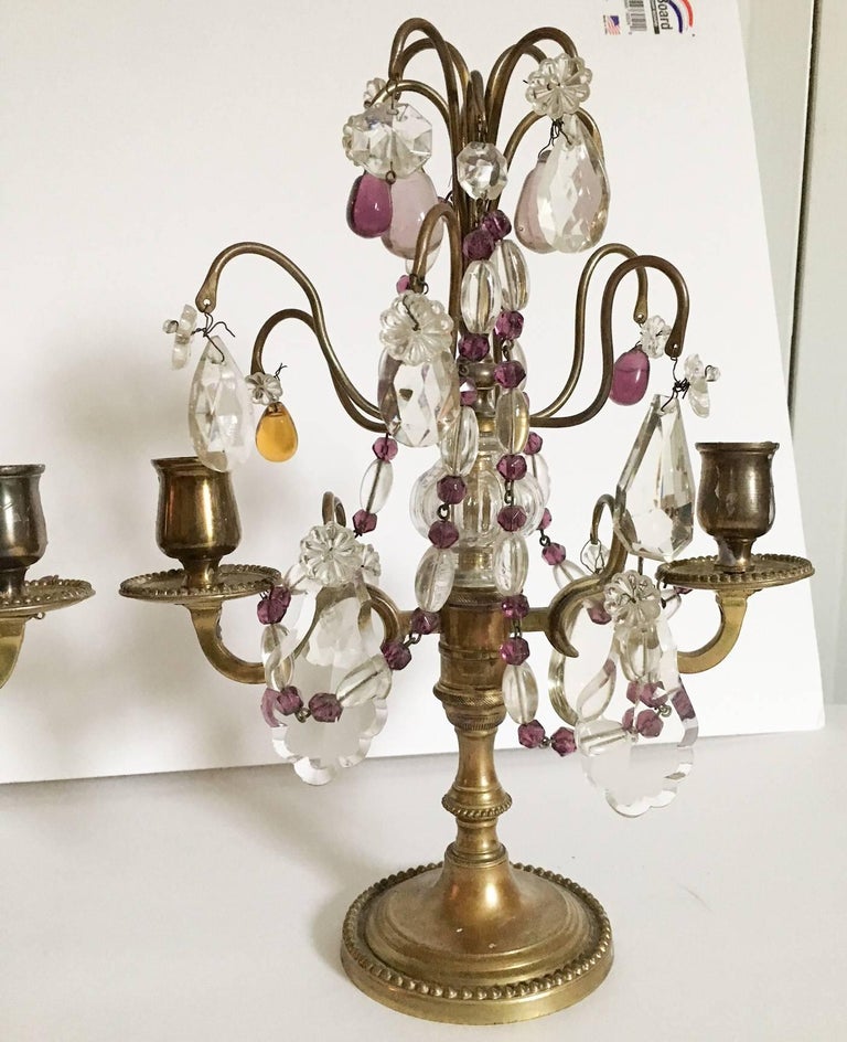 Brass French Crystal Amethyst Glass Candelabras, Pair at 1stDibs
