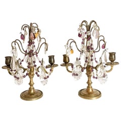 Antique Brass French Crystal Amethyst Glass Candelabras, Pair