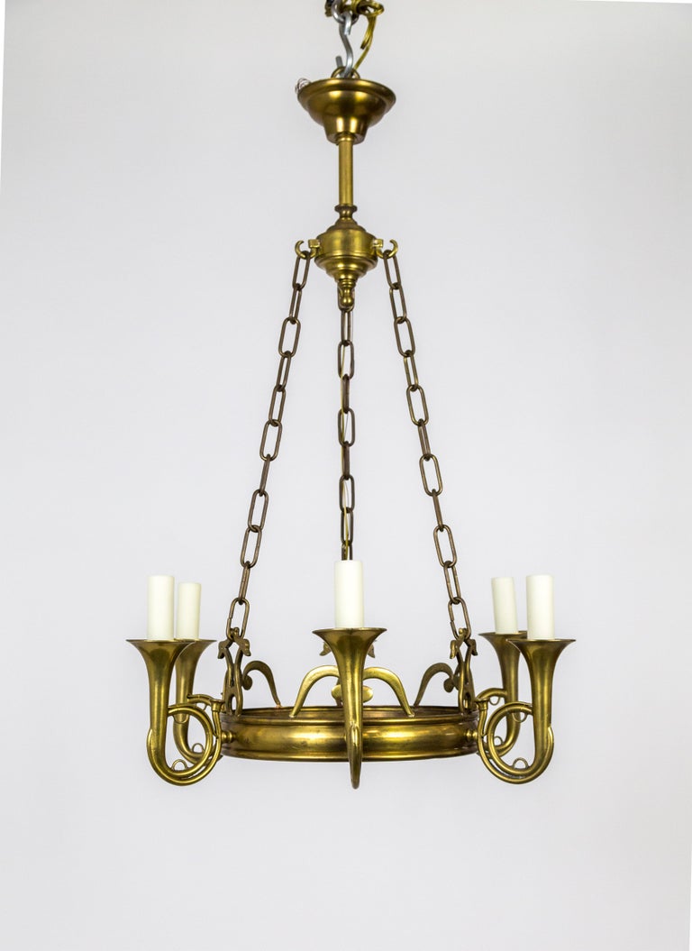 Brass French Horn 6Light Dish Chandelier For Sale at 1stDibs