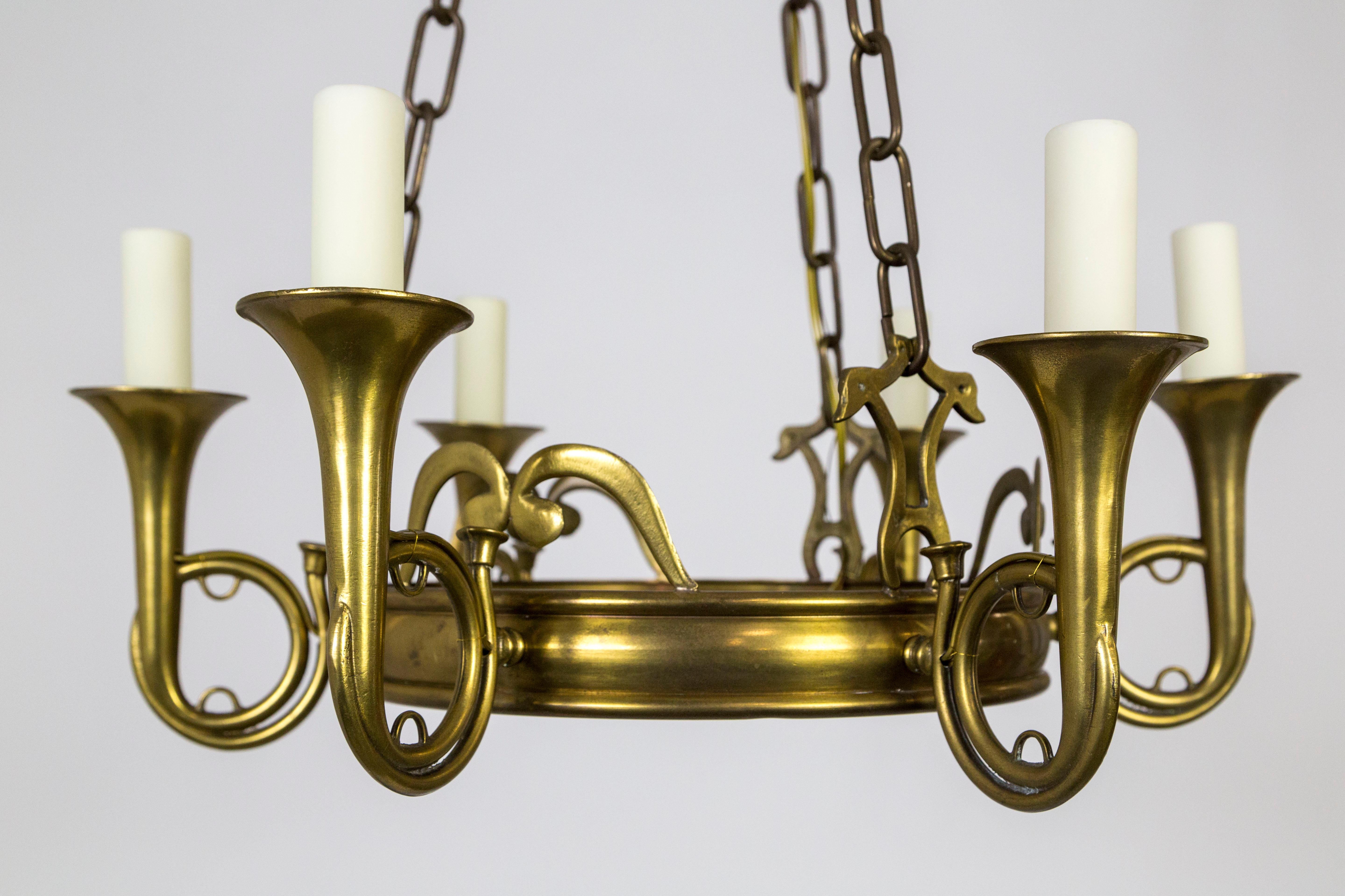 20th Century Brass French Horn 6-Light Dish Chandelier