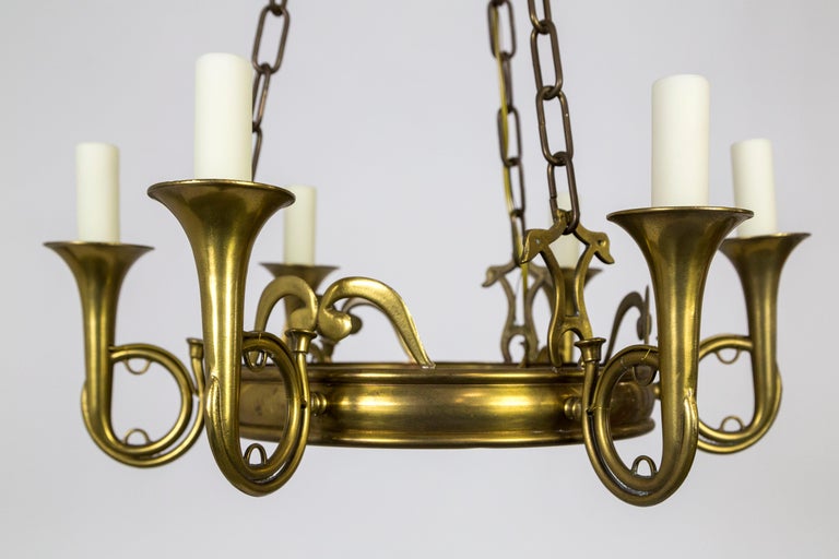 Brass French Horn 6Light Dish Chandelier For Sale at 1stDibs