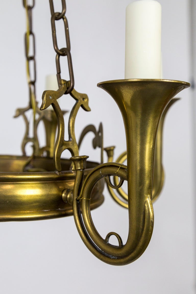 Brass French Horn 6Light Dish Chandelier For Sale at 1stDibs