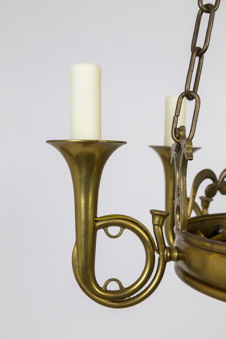Brass French Horn 6Light Dish Chandelier For Sale at 1stDibs