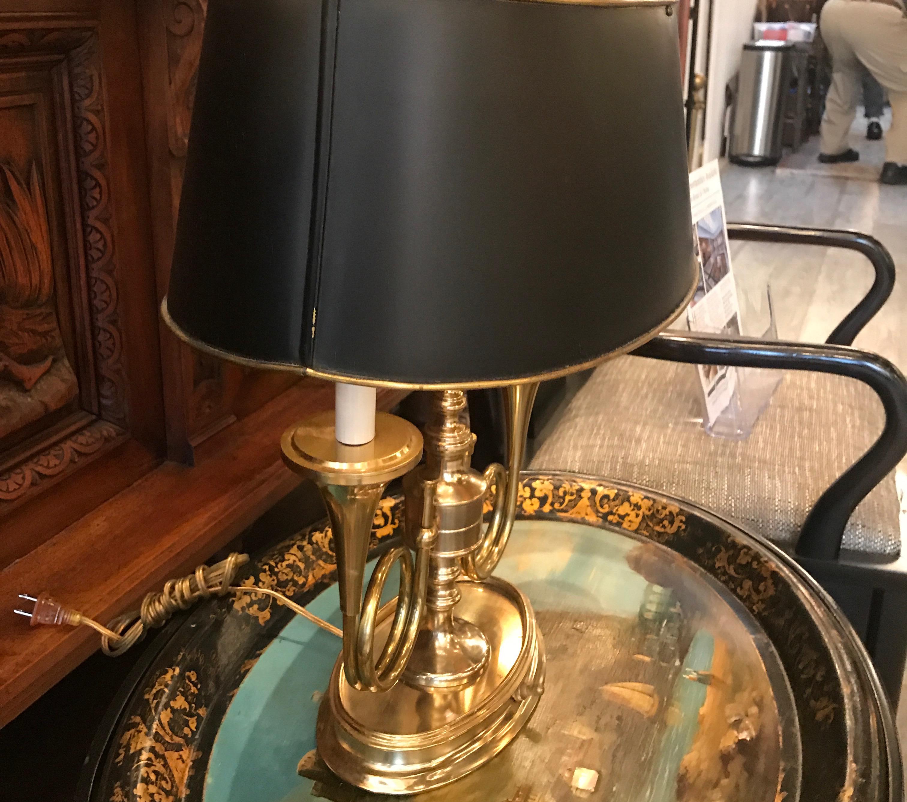 American Brass French Horn Bouillotte Lamp with Black Tole Shade