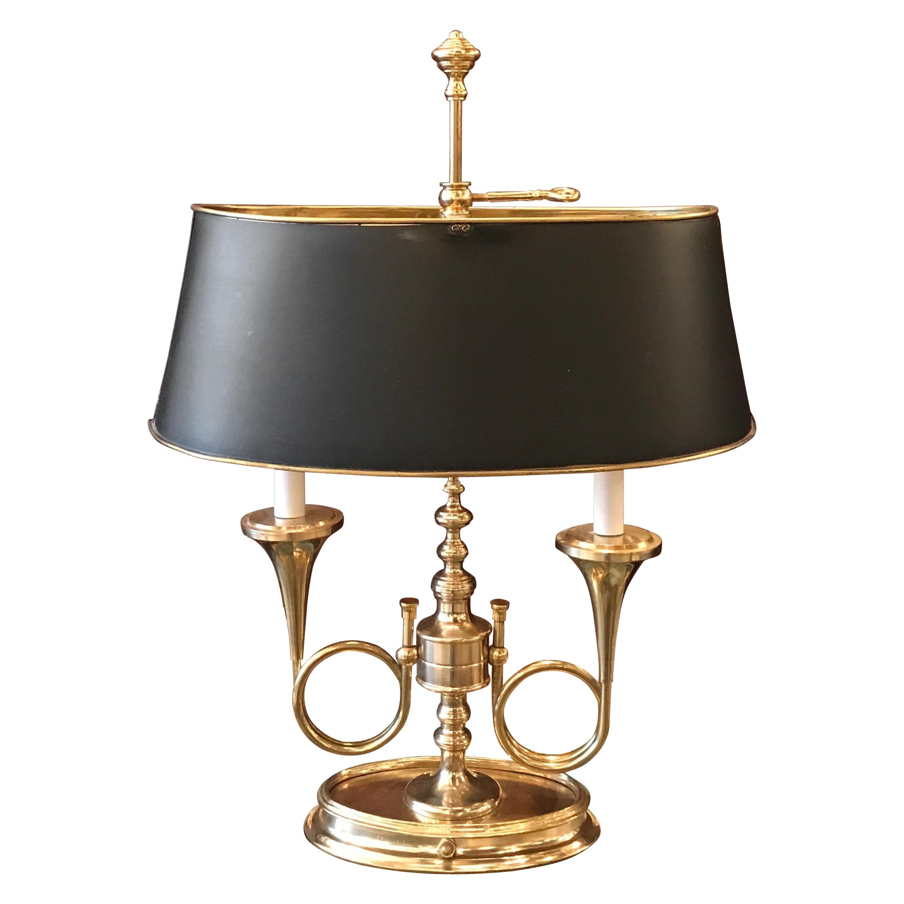 Brass French Horn Bouillotte Lamp with Black Tole Shade