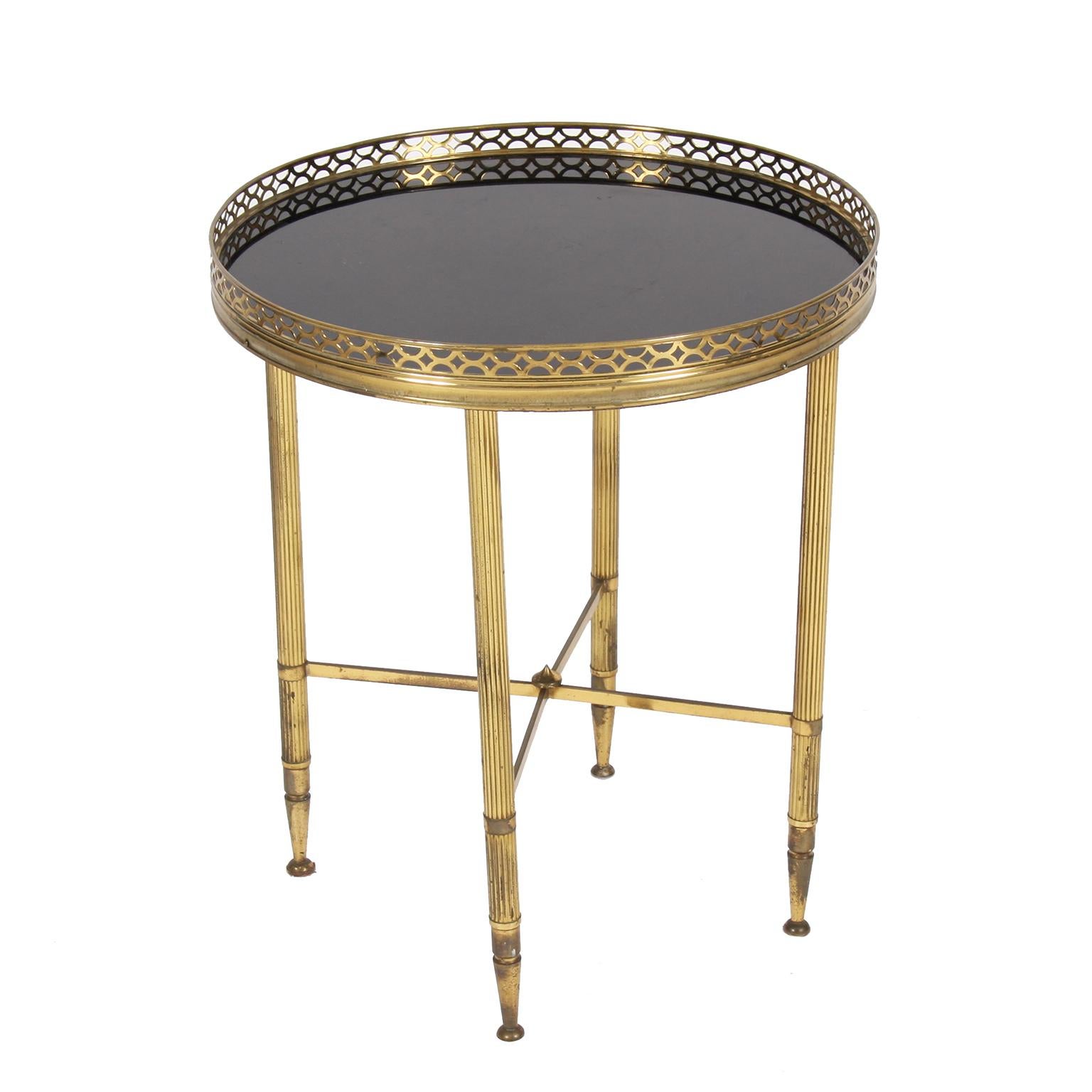 French Brass Galleried Side Table with Black Glass