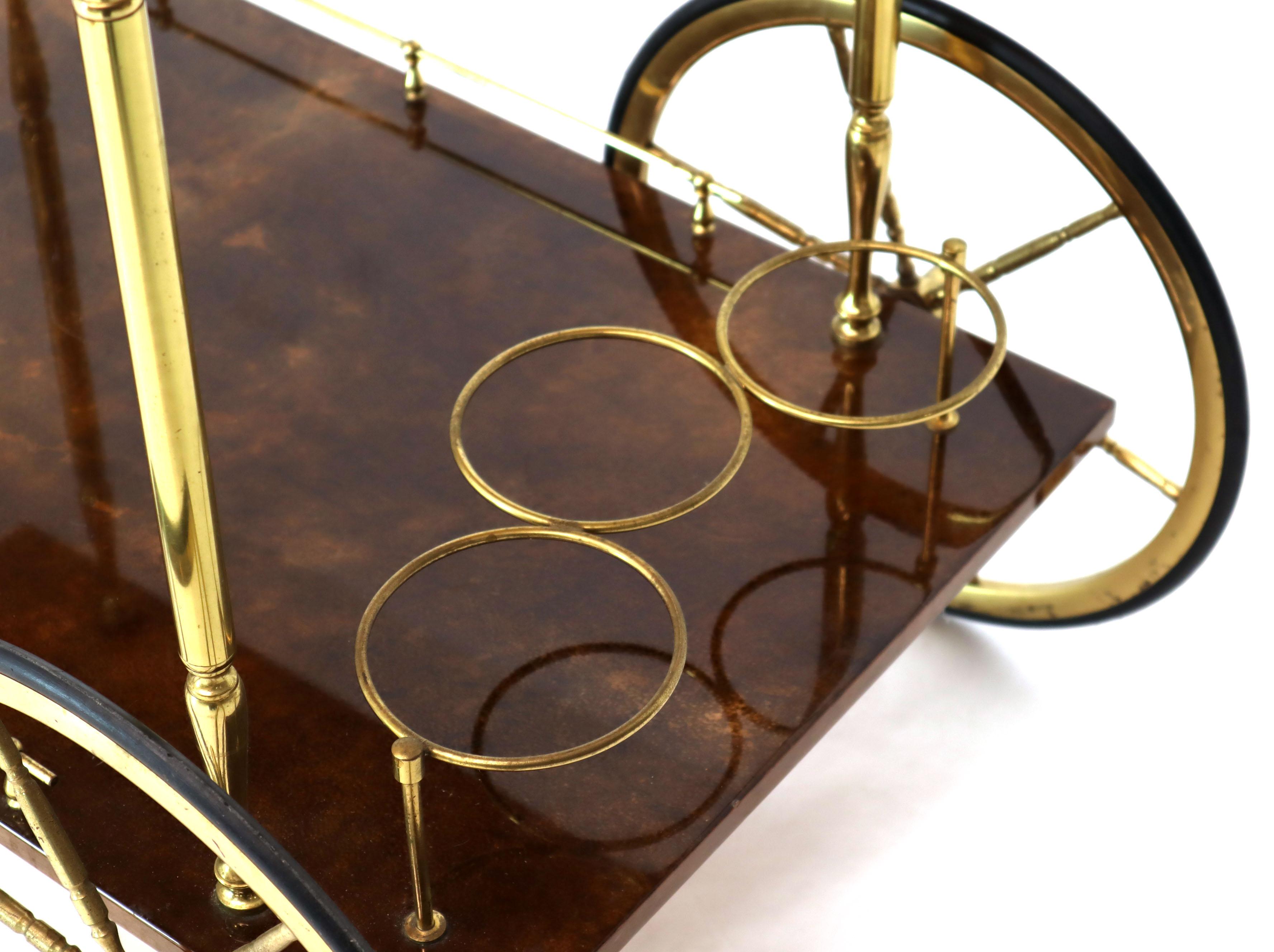 Mid-Century Modern Brass Gallery Brown Lacquered Parchment Bar Tea Serving Cart Aldo Tura