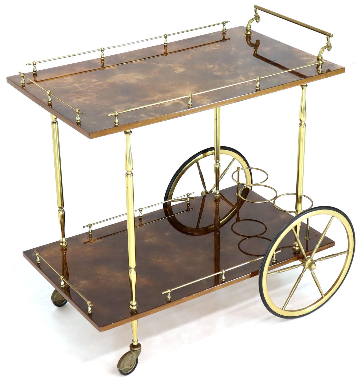 Italian Brass Gallery Brown Lacquered Parchment Bar Tea Serving Cart Aldo Tura