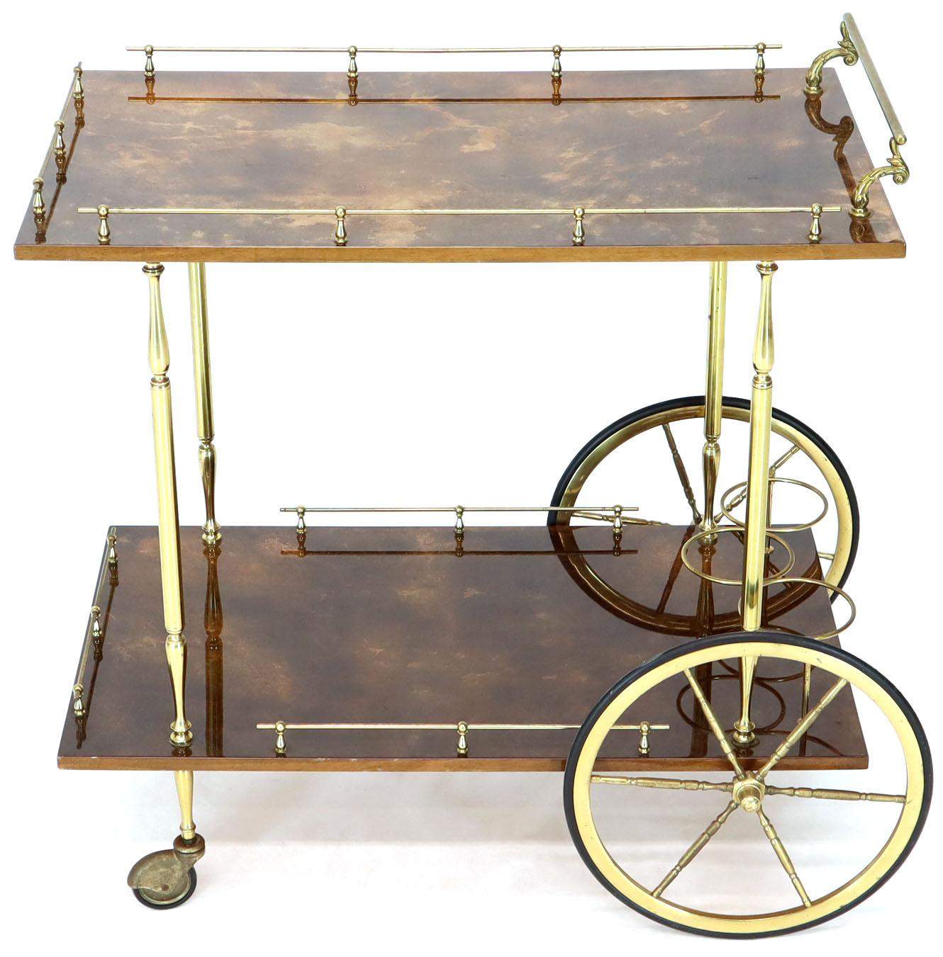 Brass Gallery Brown Lacquered Parchment Bar Tea Serving Cart Aldo Tura In Good Condition In Rockaway, NJ