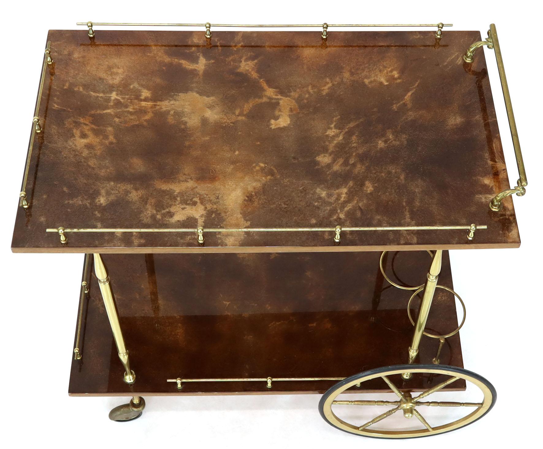 20th Century Brass Gallery Brown Lacquered Parchment Bar Tea Serving Cart Aldo Tura